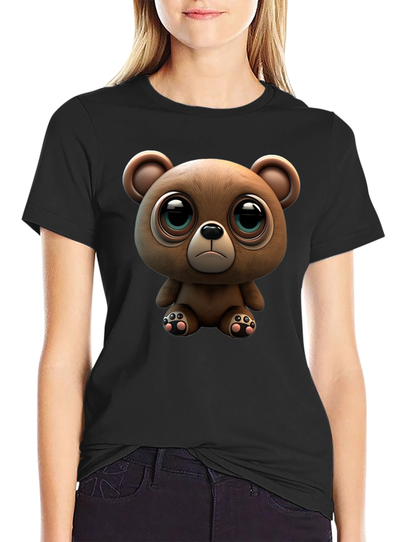 Black Cute Teddy Bear Graphic Black T-Shirt view 2