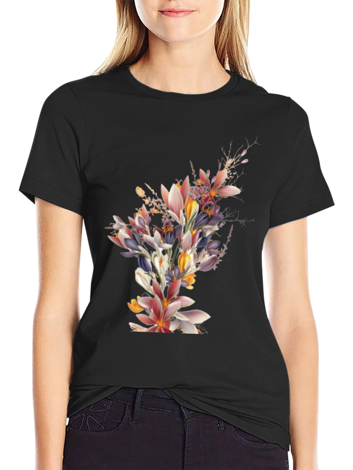 Black Floral Print Black T-Shirt view 2
