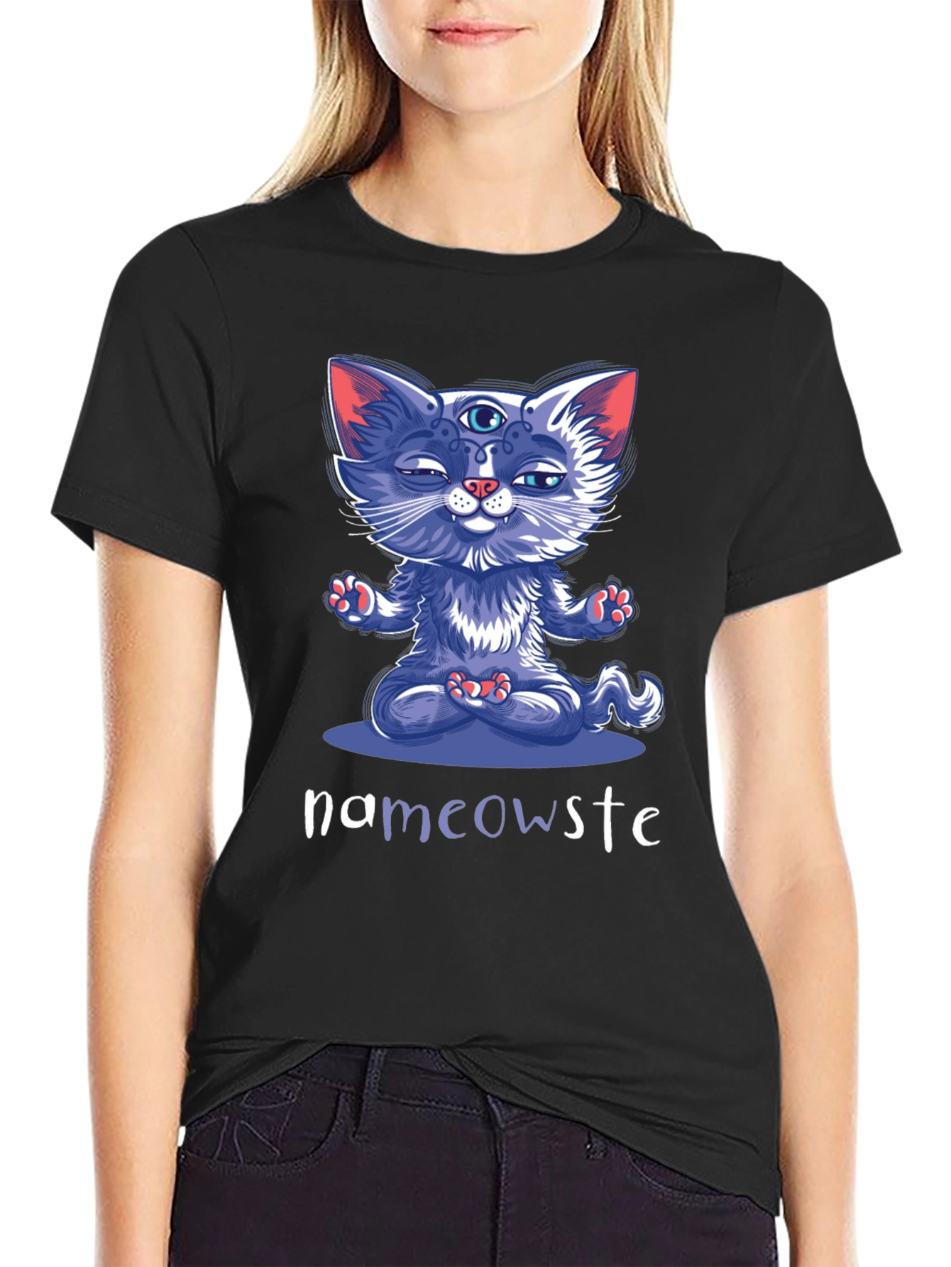 Black Namaste Cat Graphic T-Shirt view 2