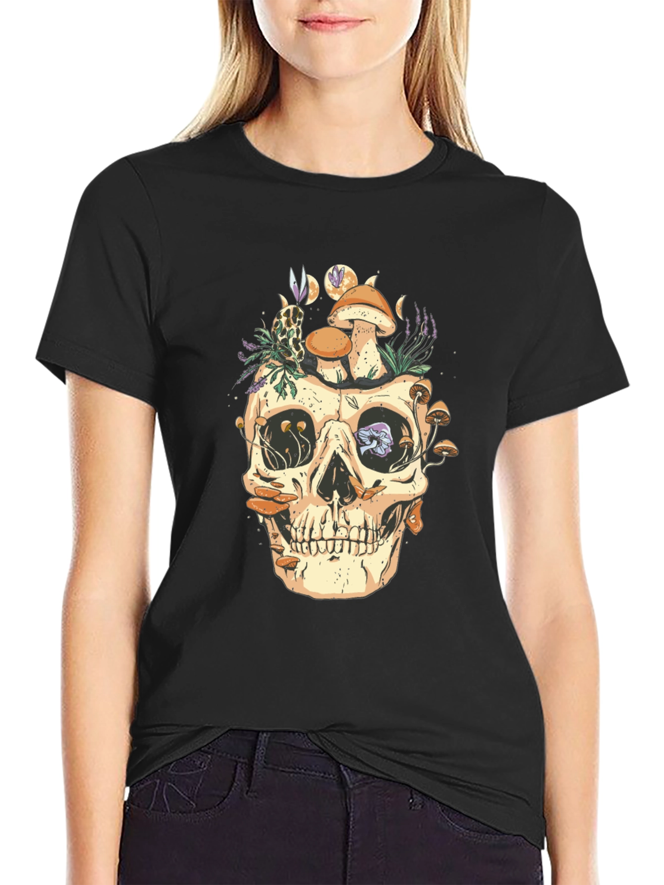 Black Skull & Mushroom Graphic Tee - Unique Design view 2