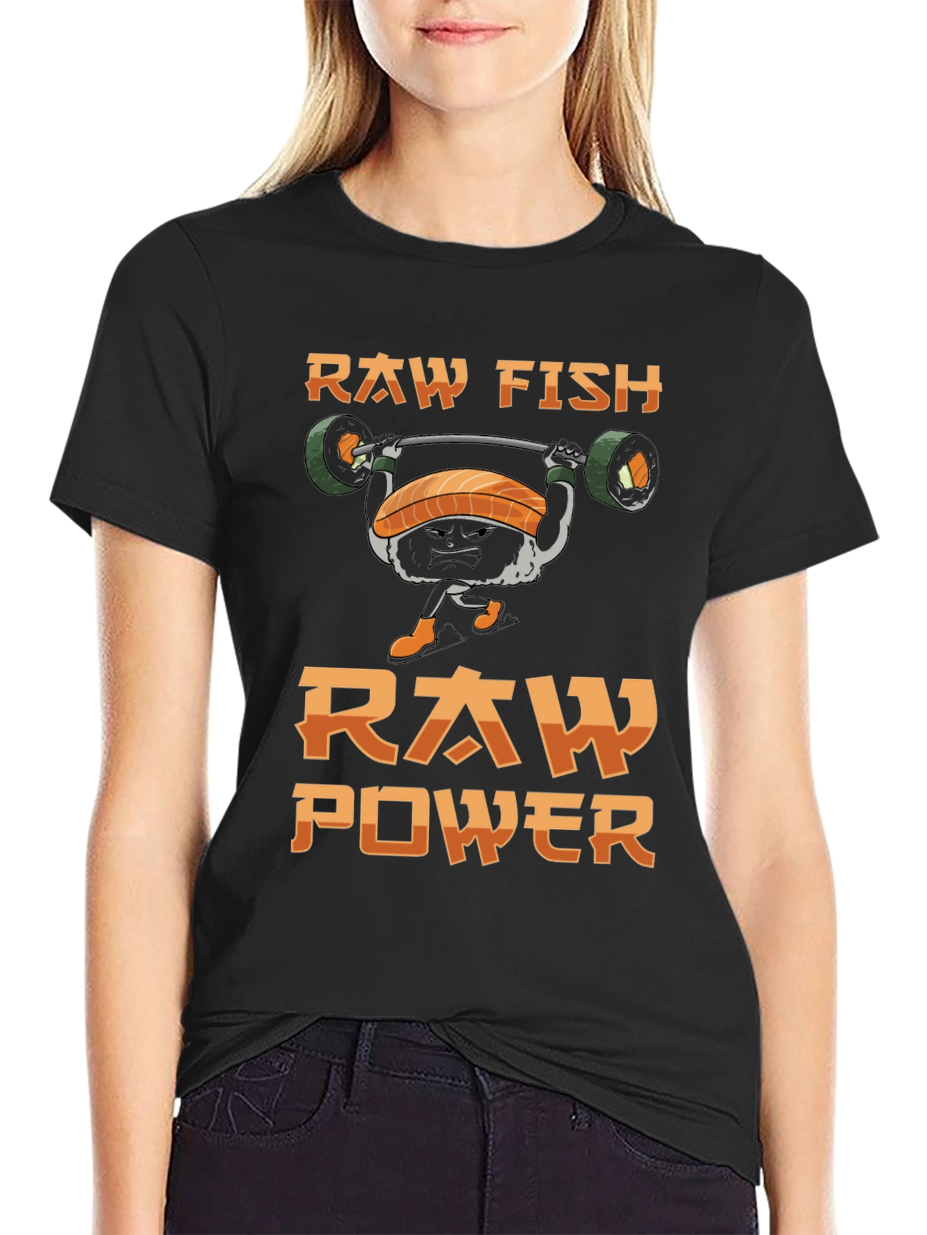 Black Raw Fish Raw Power T-Shirt - Weightlifting Sushi Tee view 2