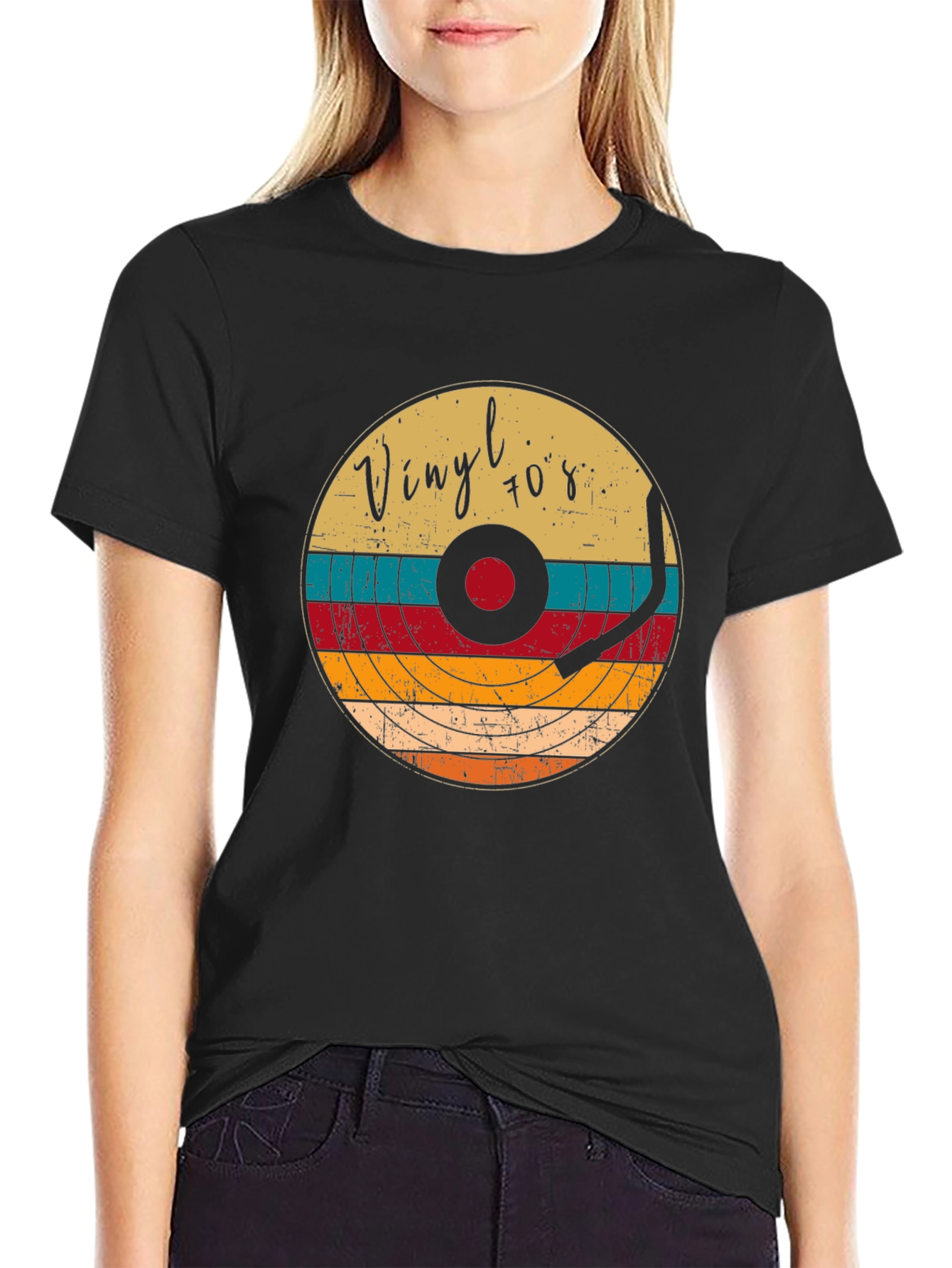 Black Retro Vinyl Record 70s Style T-Shirt view 2