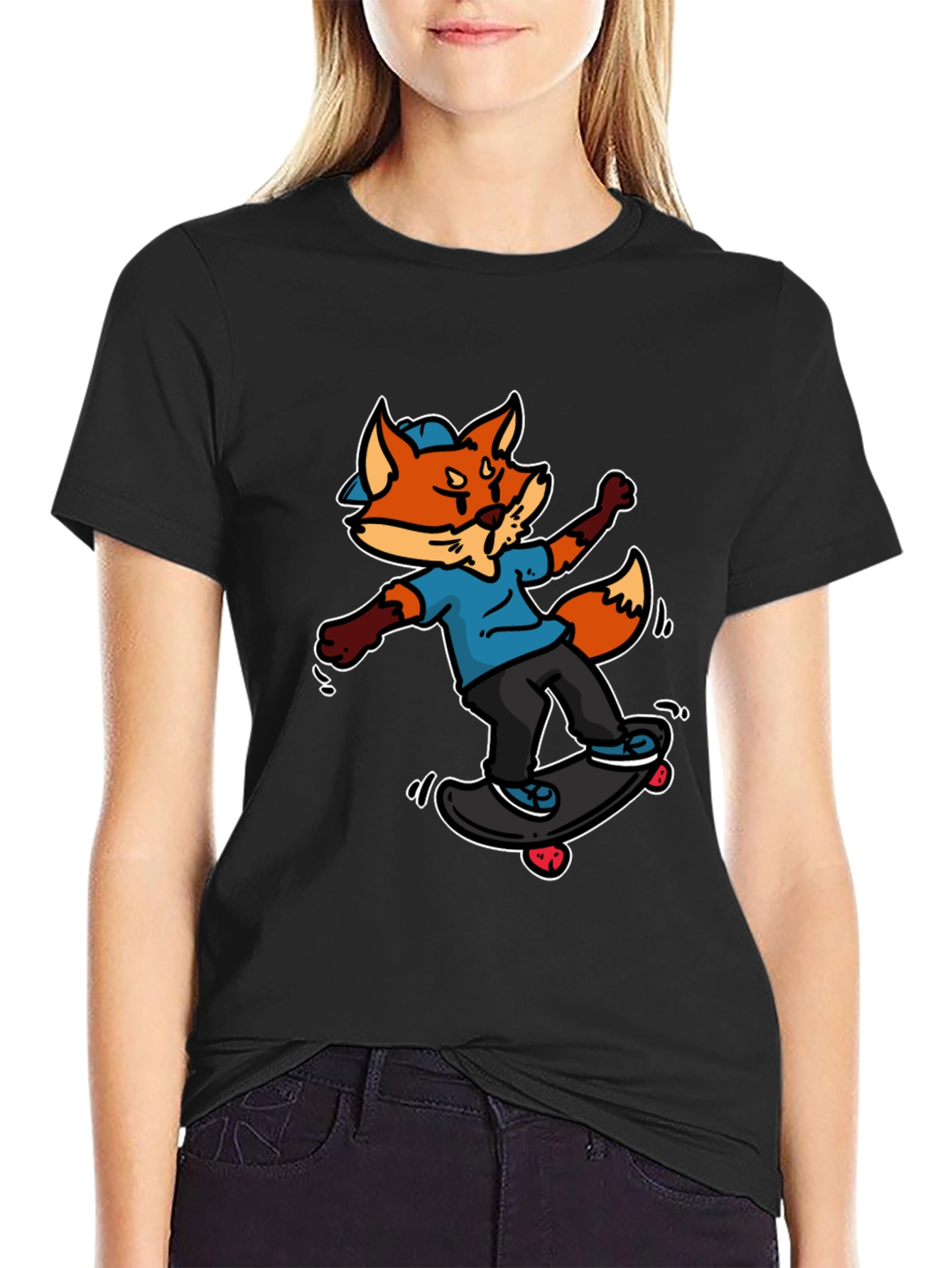 Black Skateboarding Fox Graphic Tee - Cool Cartoon Design view 2