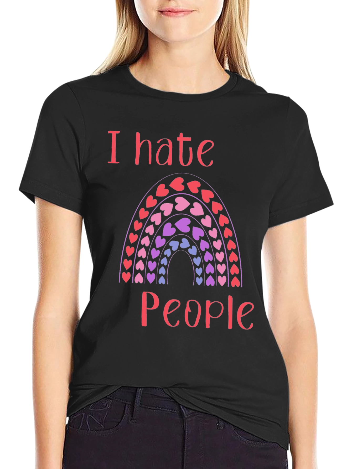 Black I Hate People Rainbow Heart T-Shirt view 2