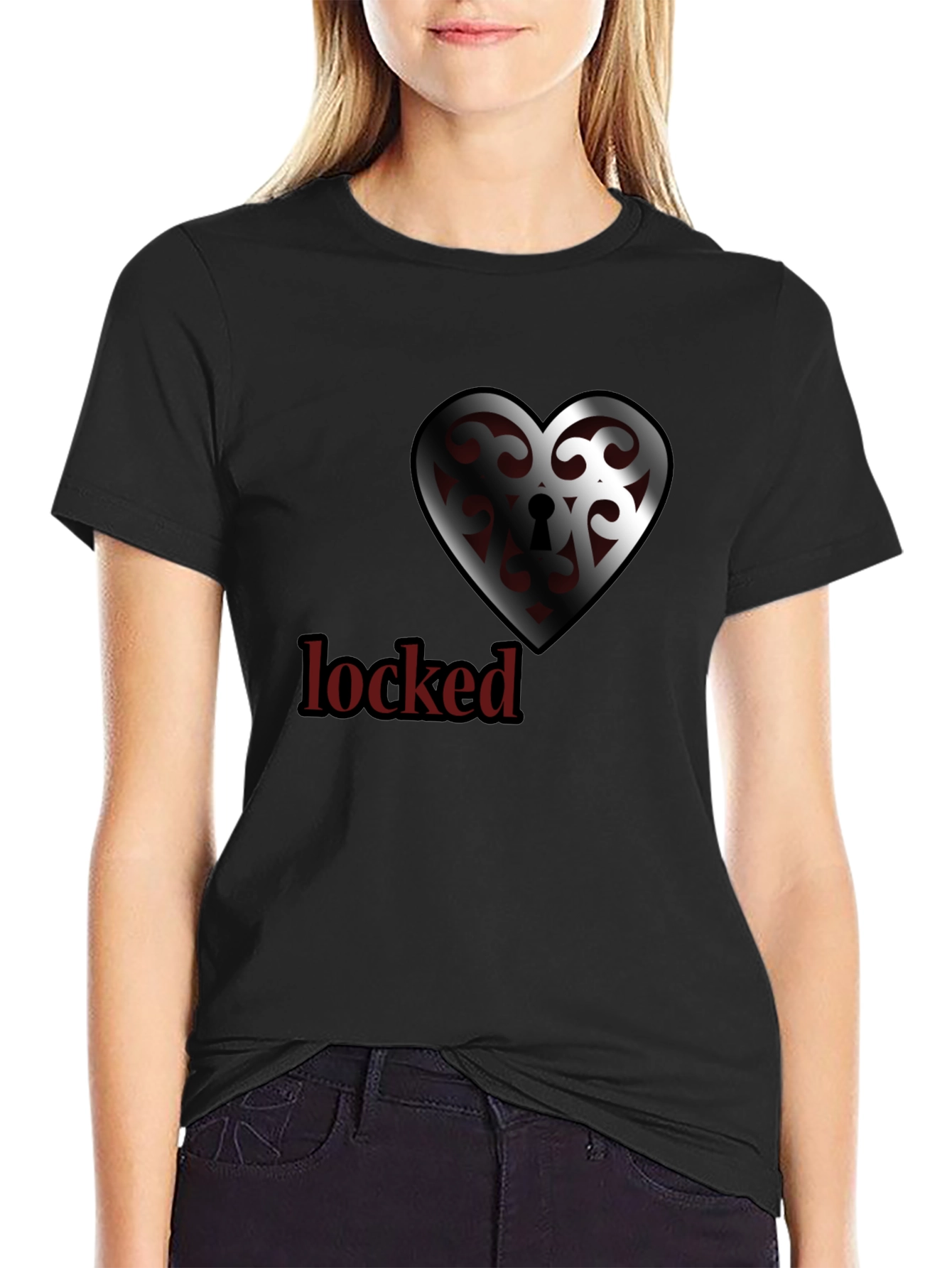 Black Locked Heart Graphic Tee - Stylish Crew Neck view 2