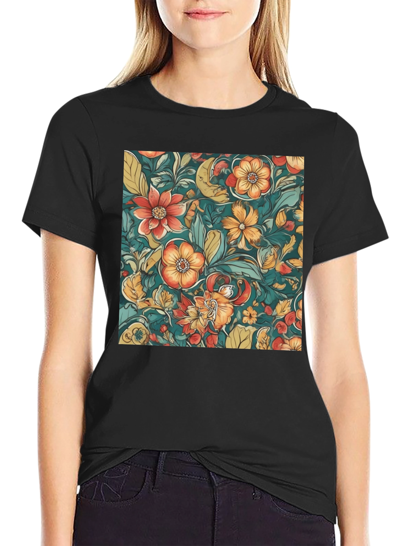 Black Floral Pattern Black T-Shirt view 2