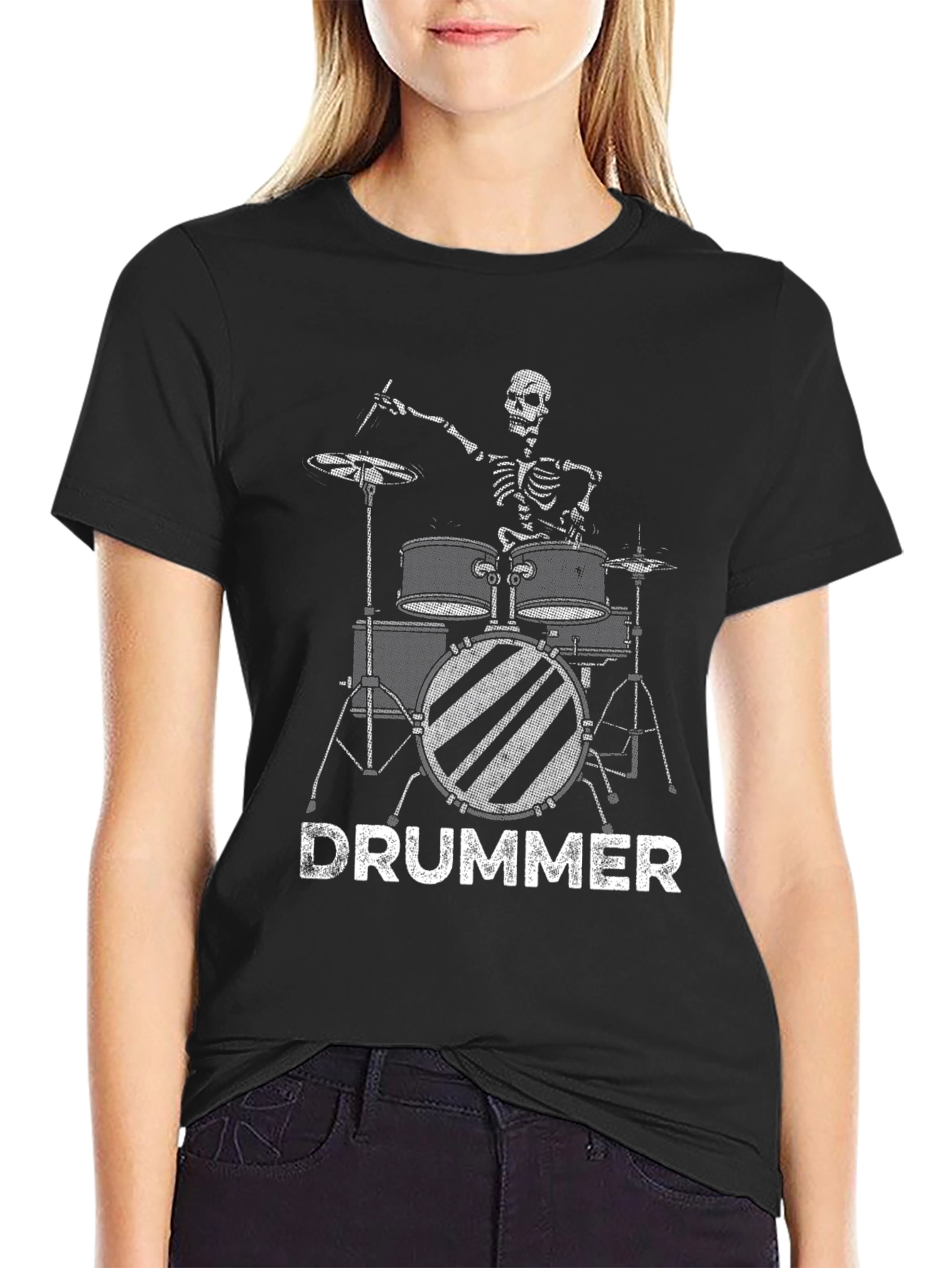 Black Skeleton Drummer Graphic Black T-Shirt view 2