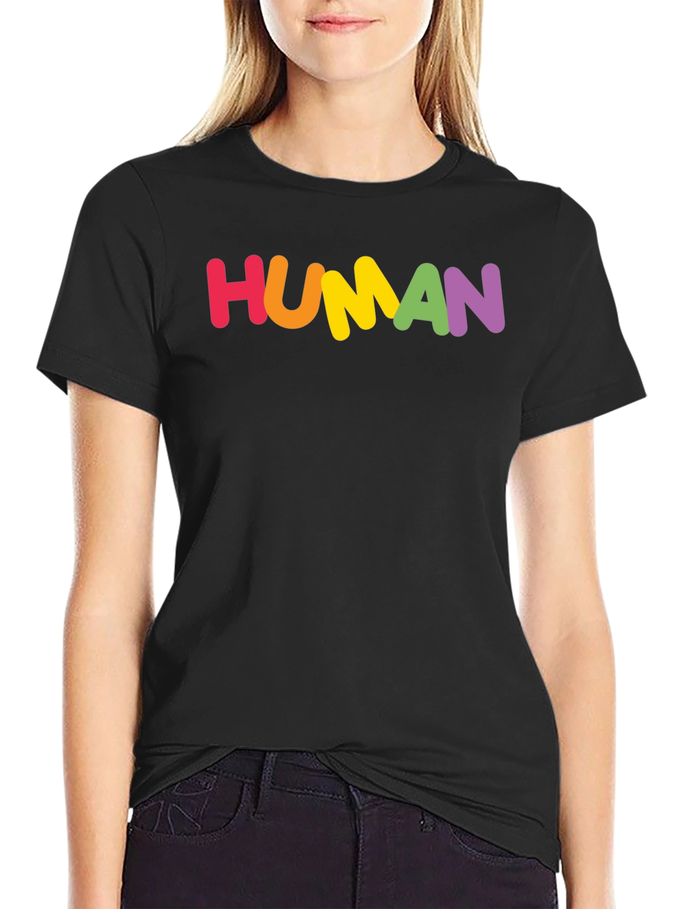 Black Rainbow HUMAN Graphic Tee - Black Cotton Blend Shirt view 2