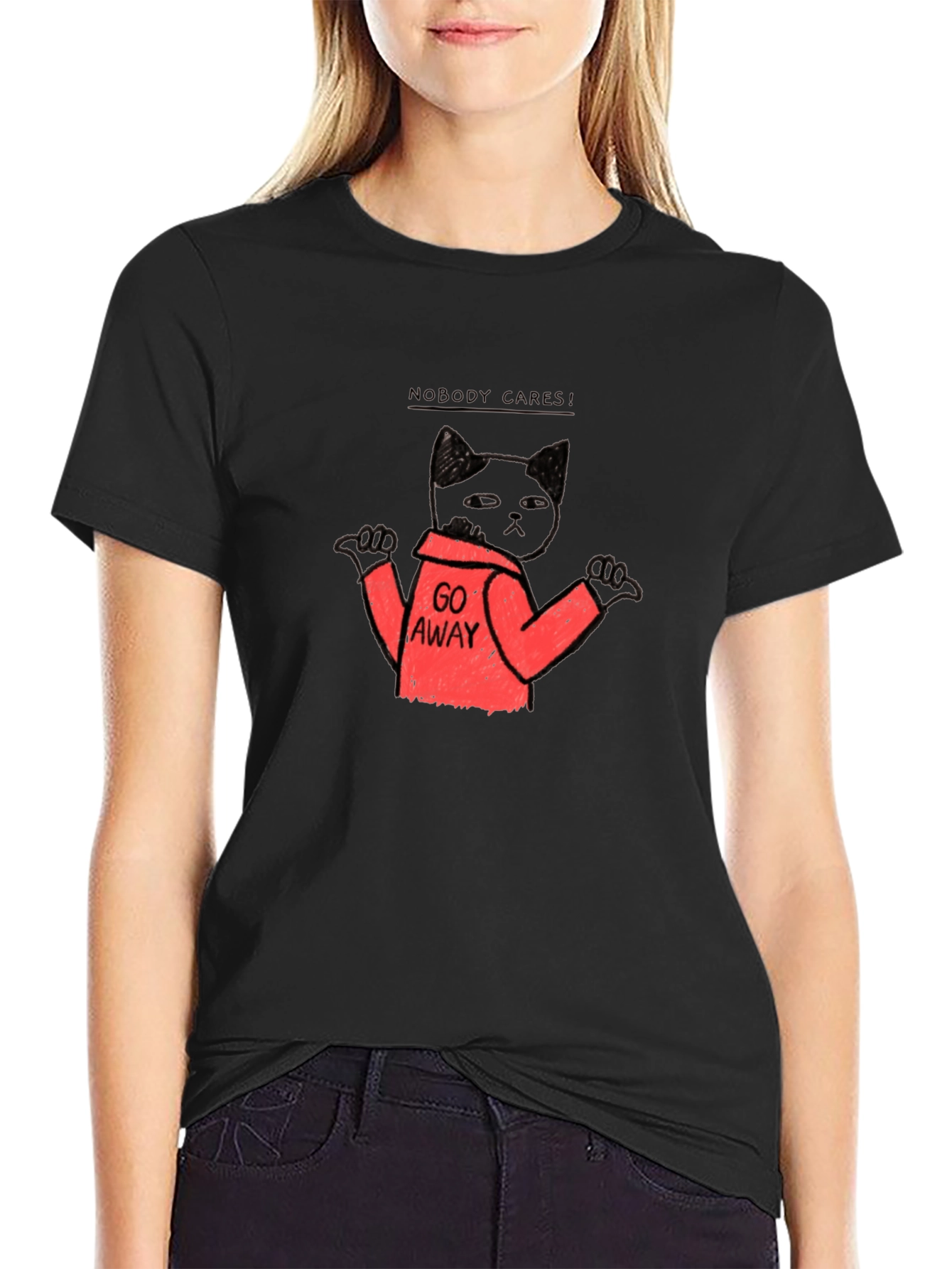 Black Funny Cat Graphic T-Shirt - Nobody Cares Go Away! view 2