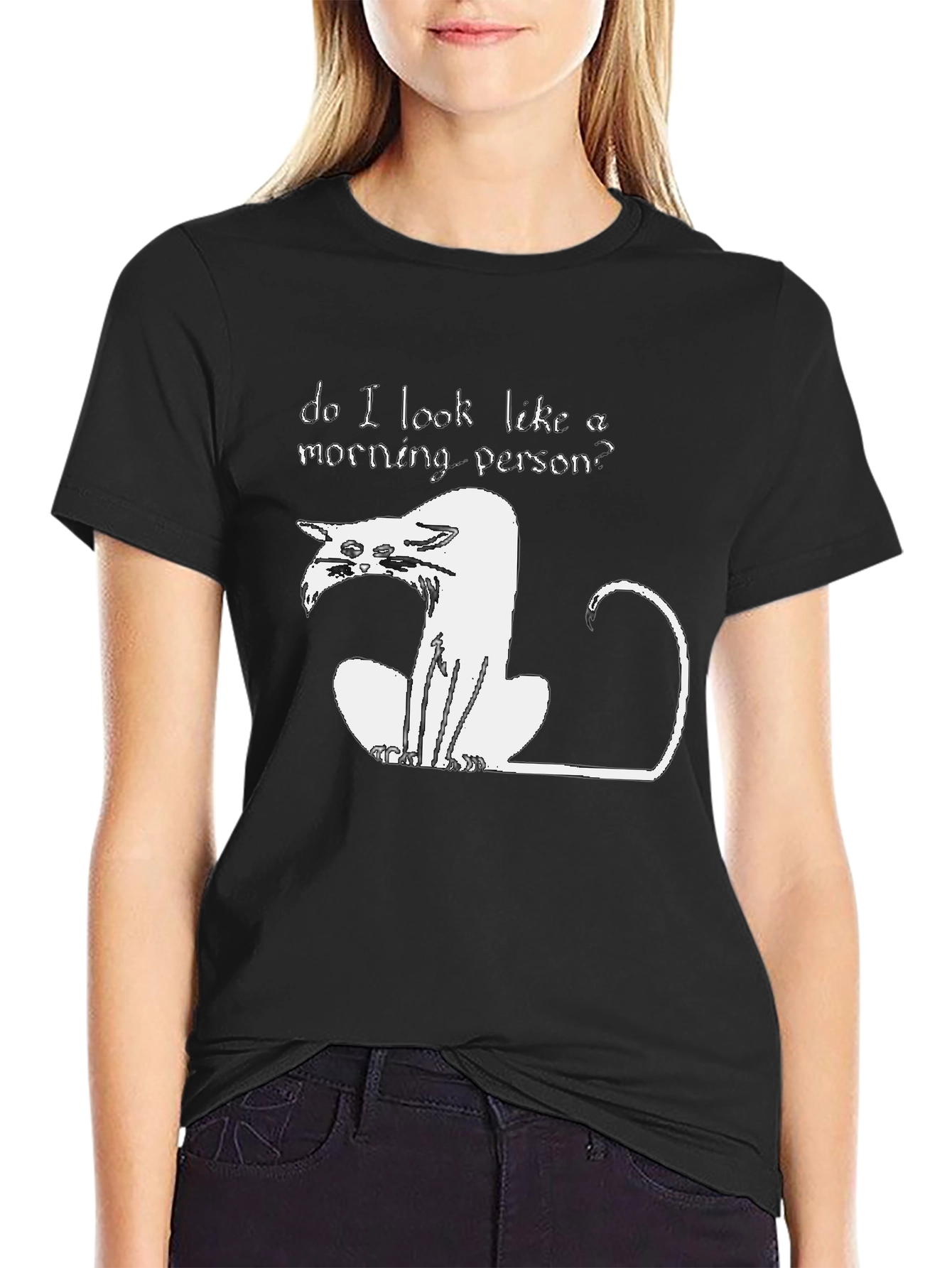 Black Funny "Not a Morning Person" Cat Graphic T-Shirt view 2