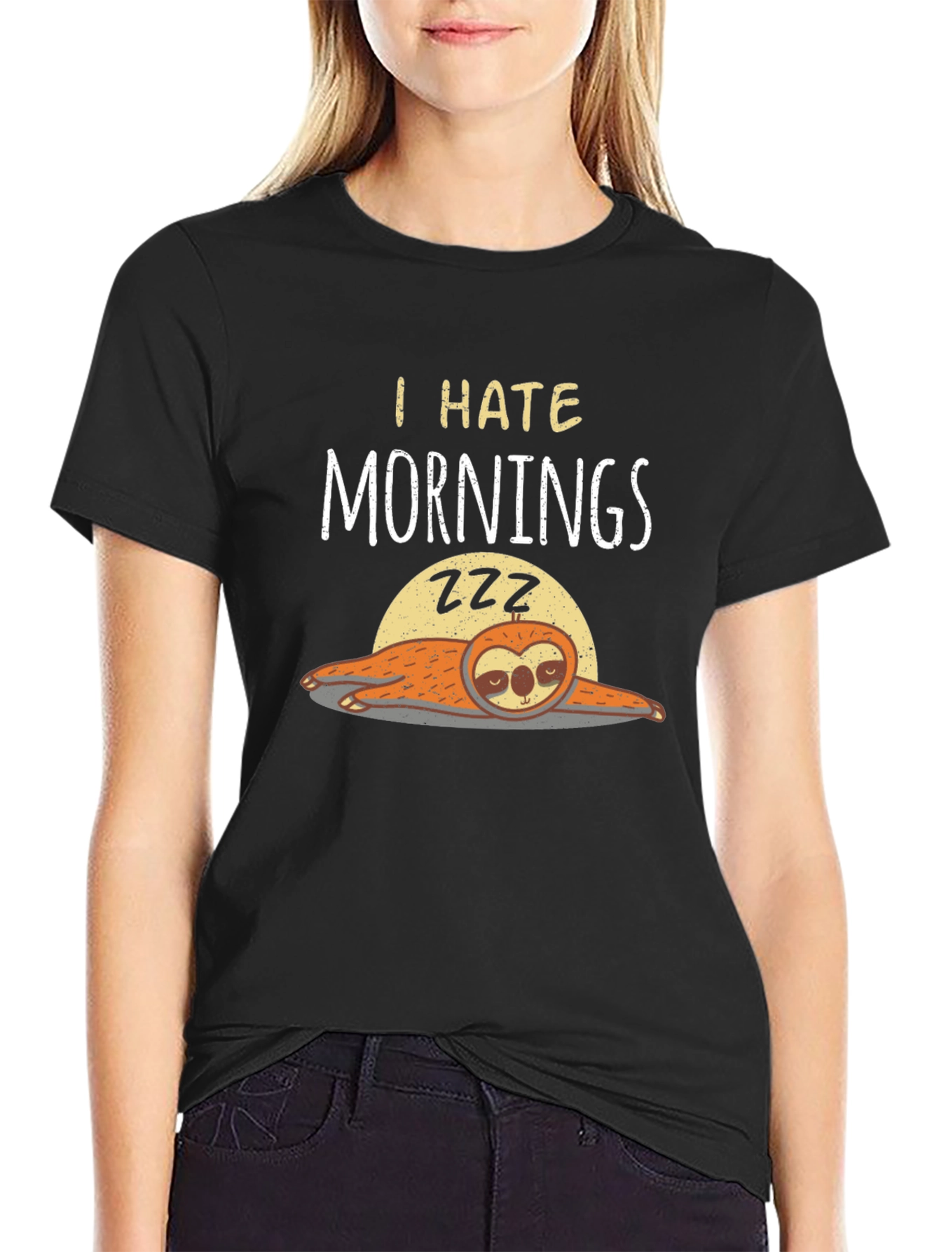 Black I Hate Mornings Sloth Graphic T-Shirt view 2