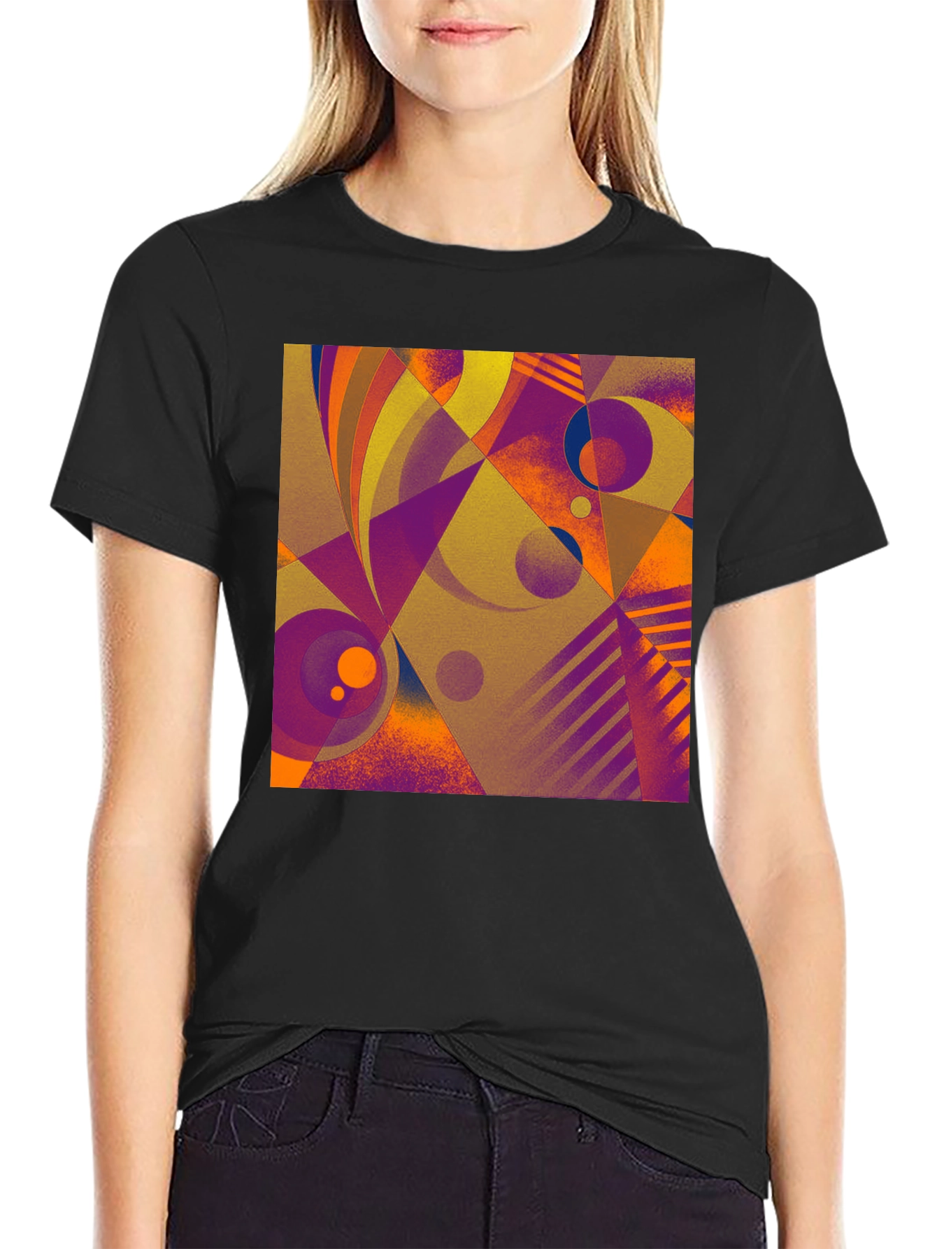 Black Abstract Geometric Print T-Shirt view 2