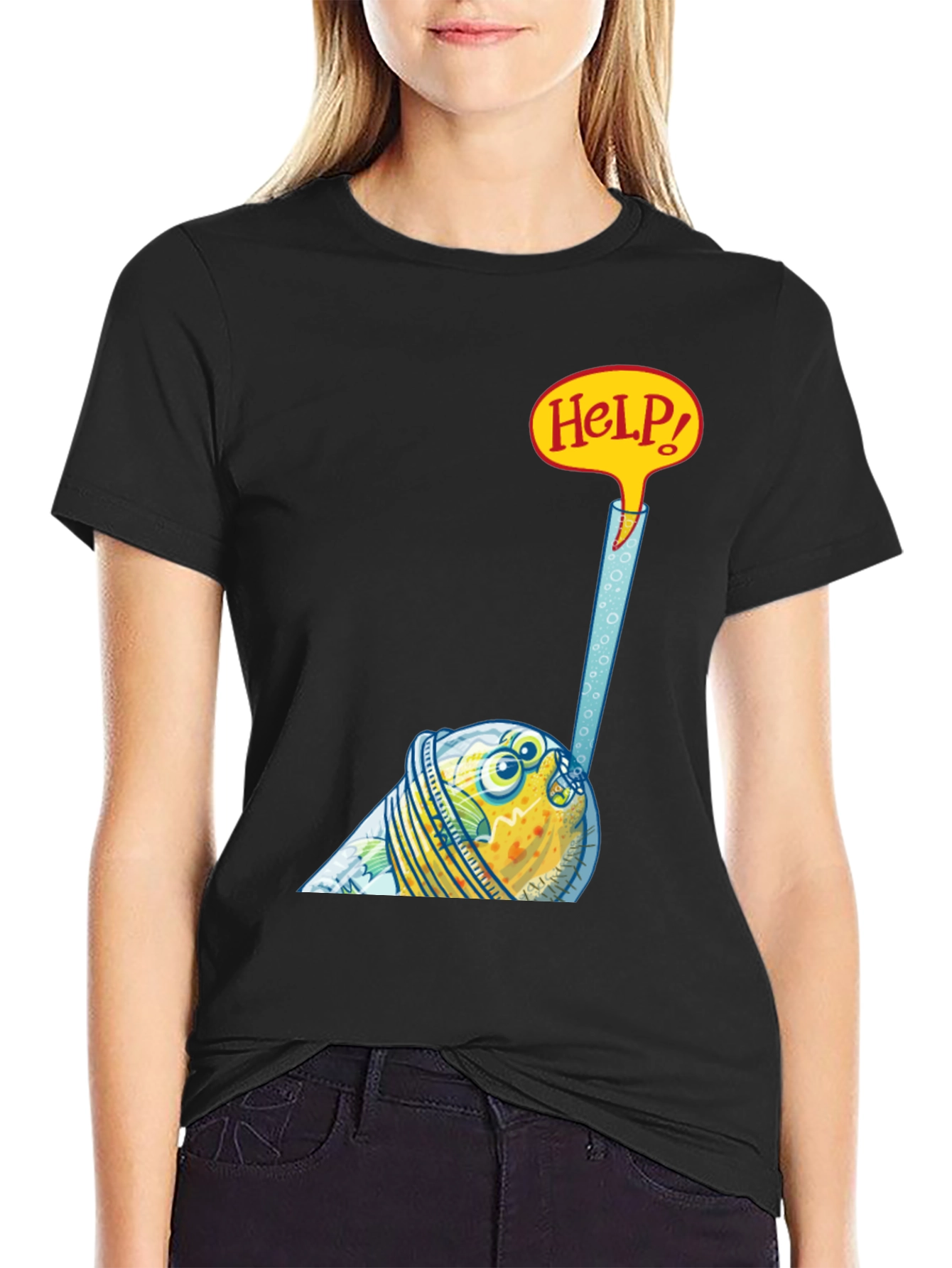 Black Funny Fish in a Glass T-Shirt - Help! view 2