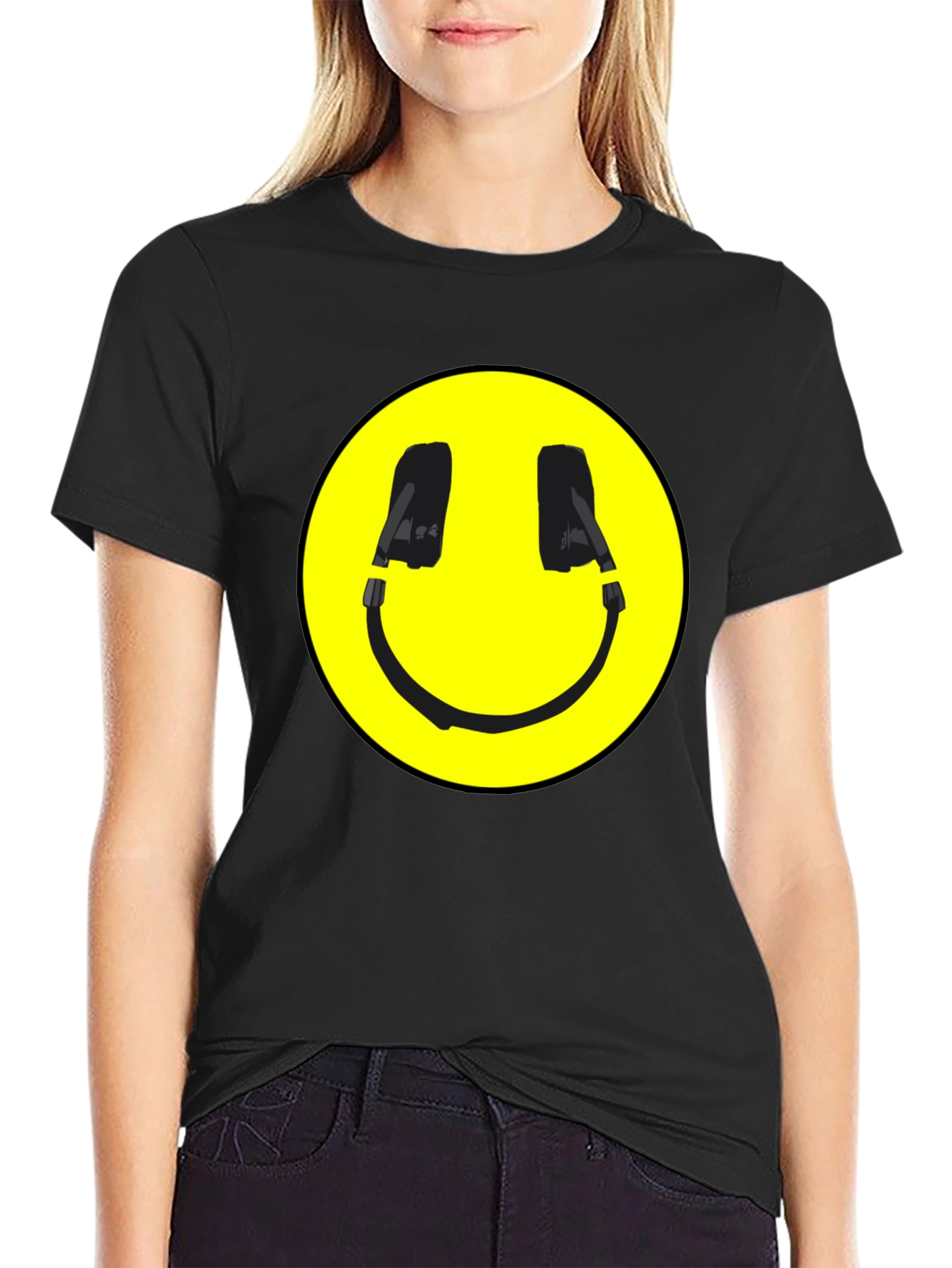 Black Smiley Face Headphone Graphic Black T-Shirt view 2