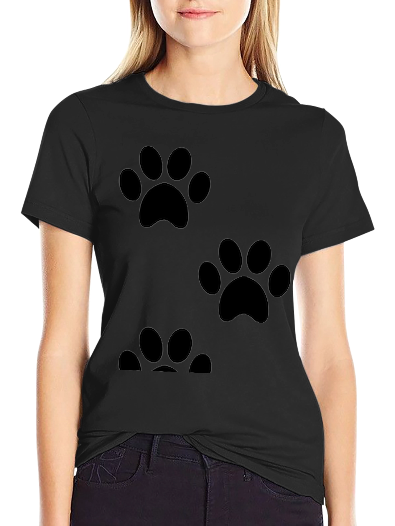 Black Paw Print Graphic Tee - Casual Black T-Shirt view 2