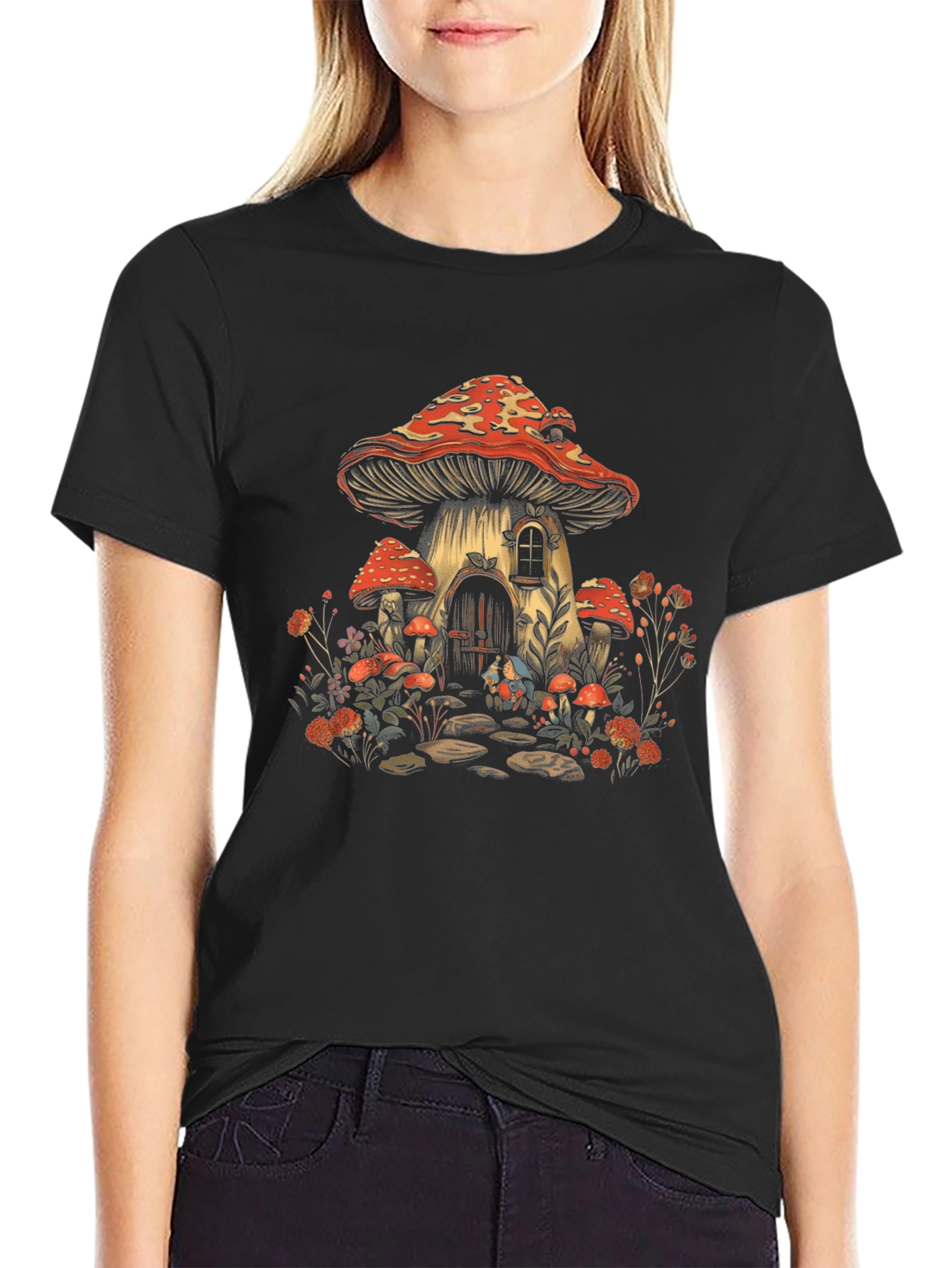 Black Whimsical Mushroom House Graphic Tee view 2