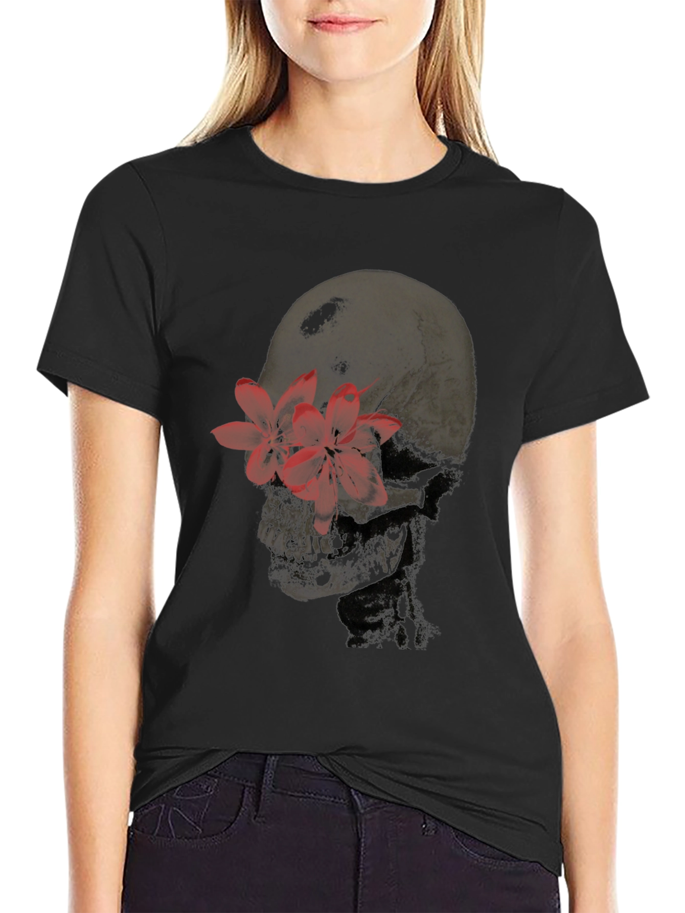 Black Skull and Flower Graphic T-Shirt view 2