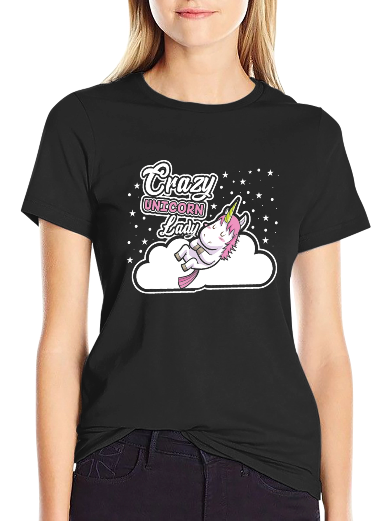 Black Crazy Unicorn Lady Black T-Shirt view 2