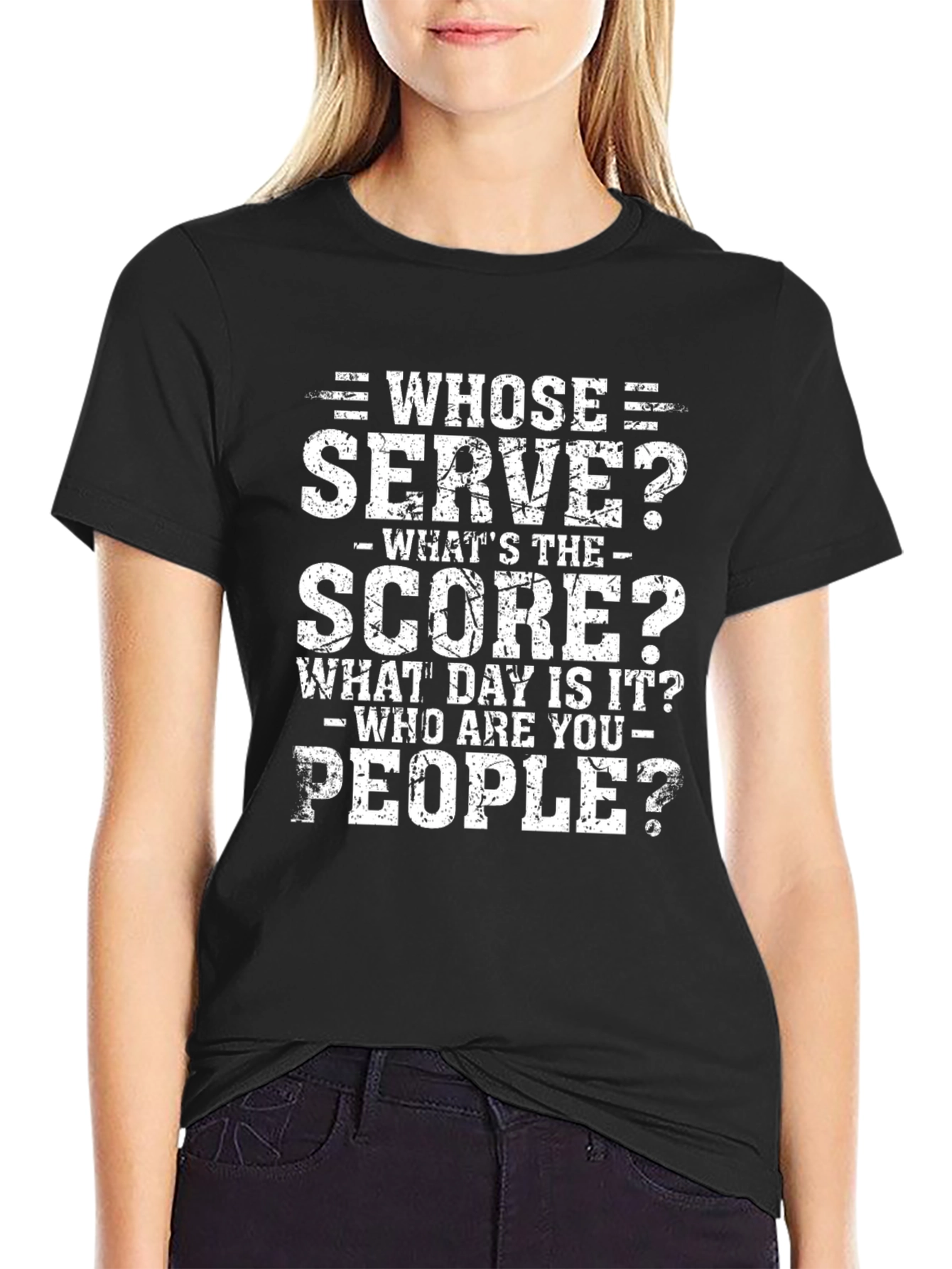 Black Funny Tennis T-Shirt: Whose Serve? Score? People? view 2