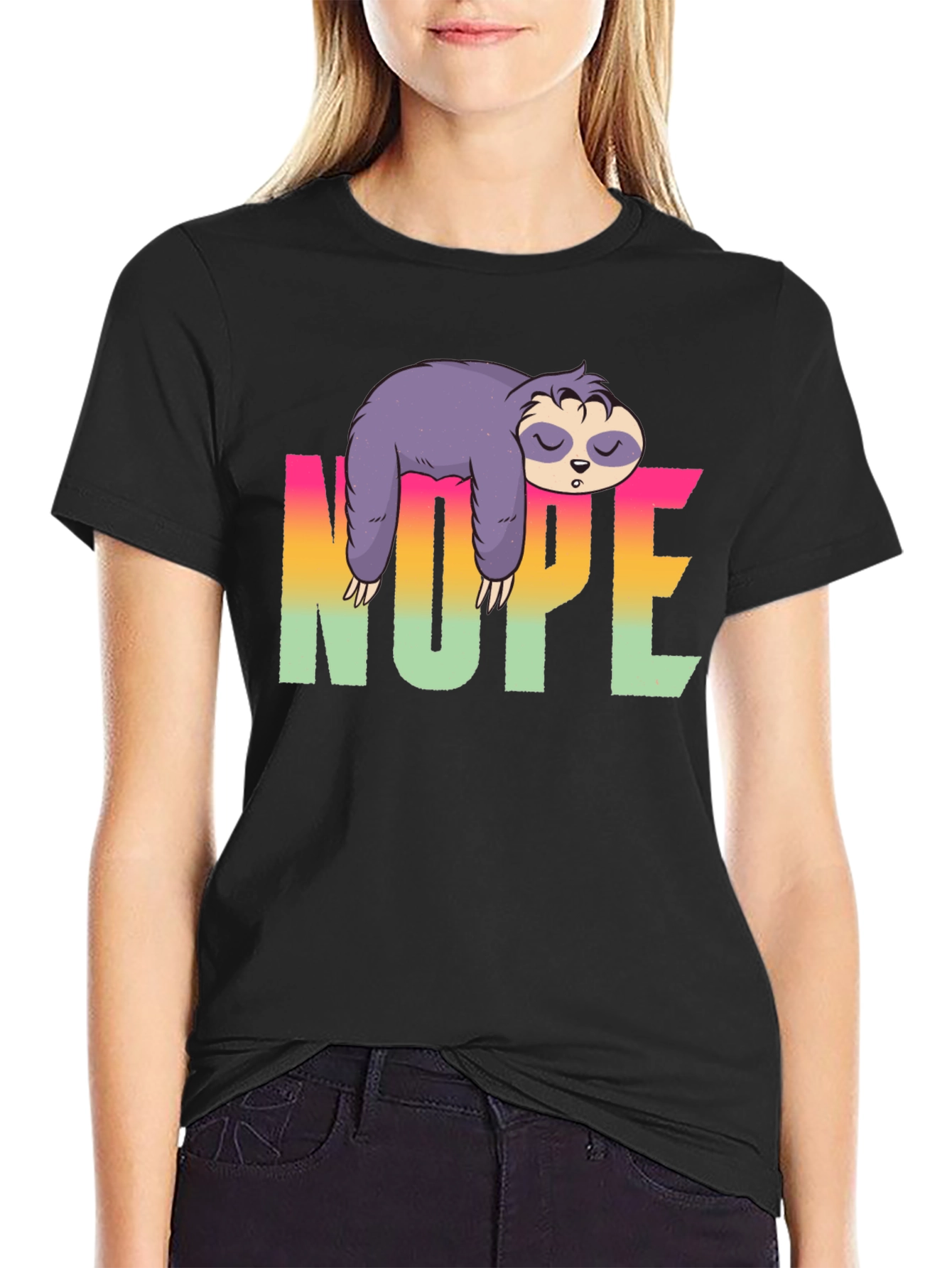 Black Nope Sloth T-Shirt - Funny Lazy Animal Tee view 2