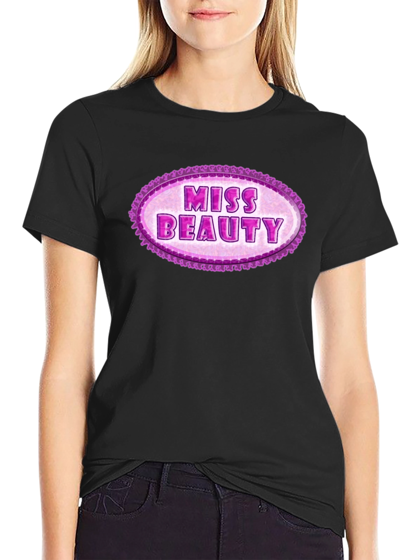 Black Miss Beauty Oval Graphic Tee - Black Cotton Blend view 2