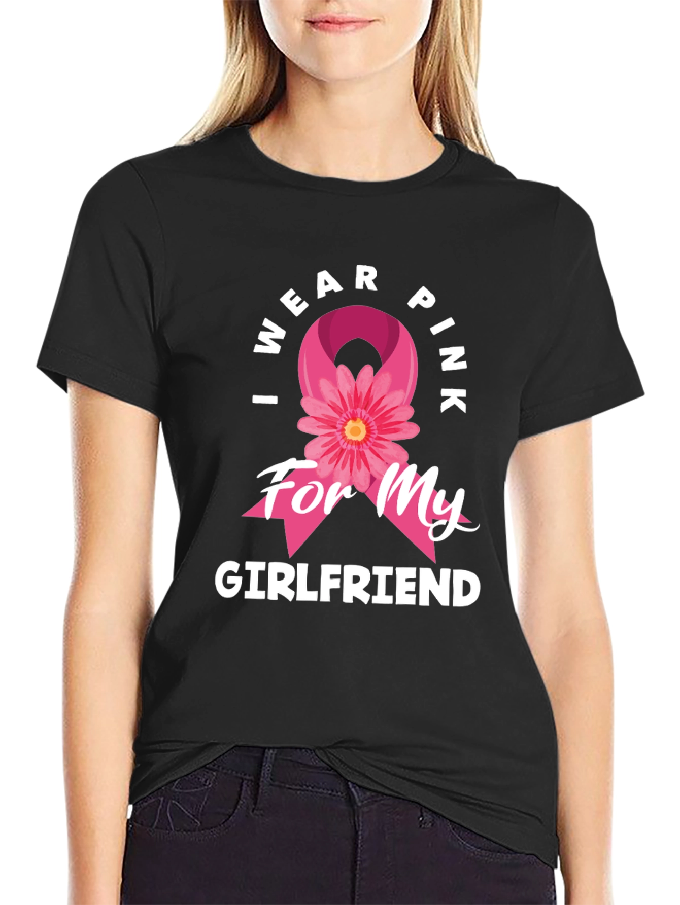 Black I Wear Pink for My Girlfriend Breast Cancer Awareness T-Shirt view 2