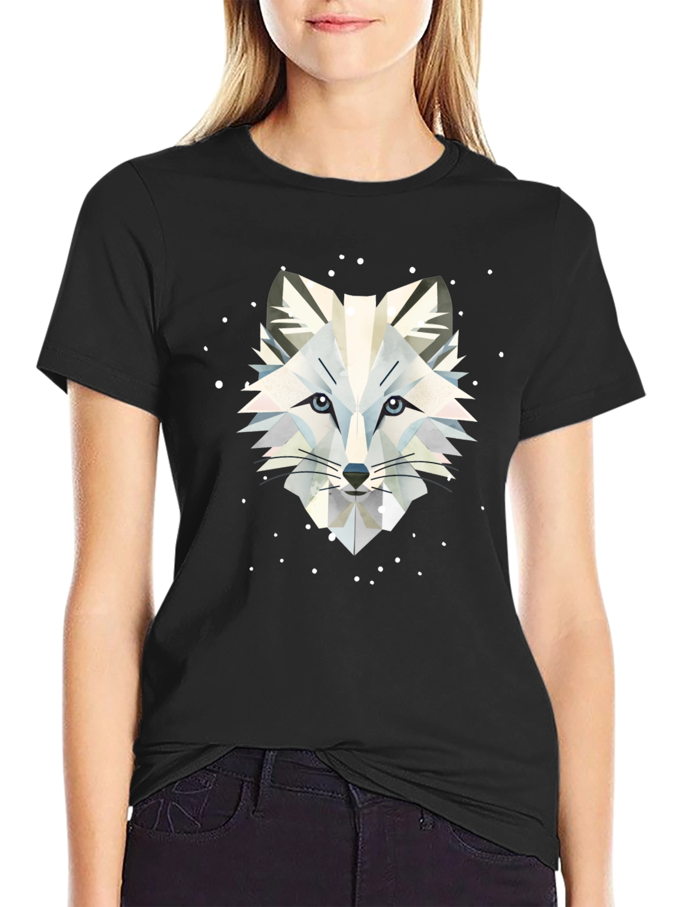 Black Geometric Arctic Fox Graphic Tee - Stylish Black T-Shirt view 2