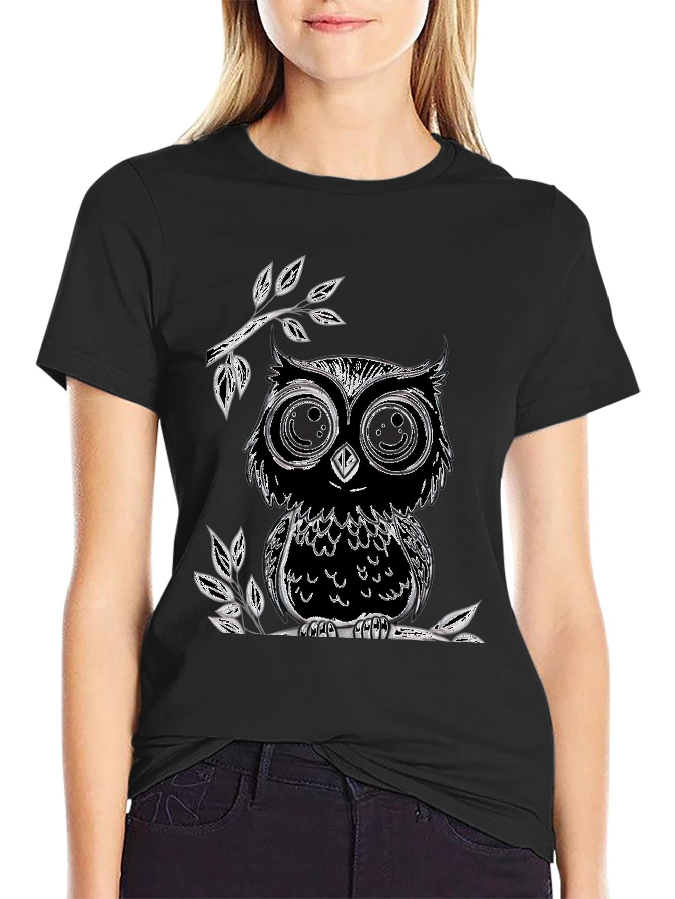 Black Owl Graphic T-Shirt - Soft Cotton Blend, Black view 2