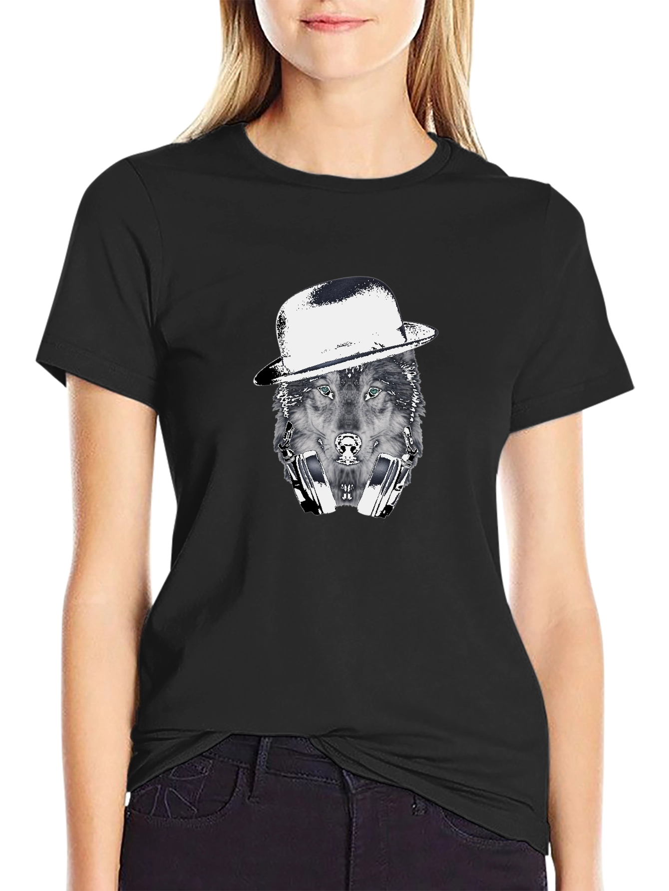 Black Wolf in Hat Graphic T-Shirt view 2