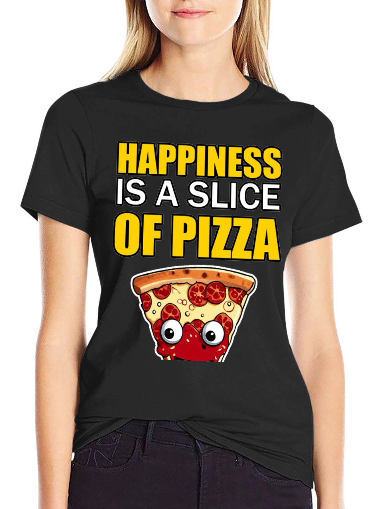 Black Happiness Pizza Slice T-Shirt view 2