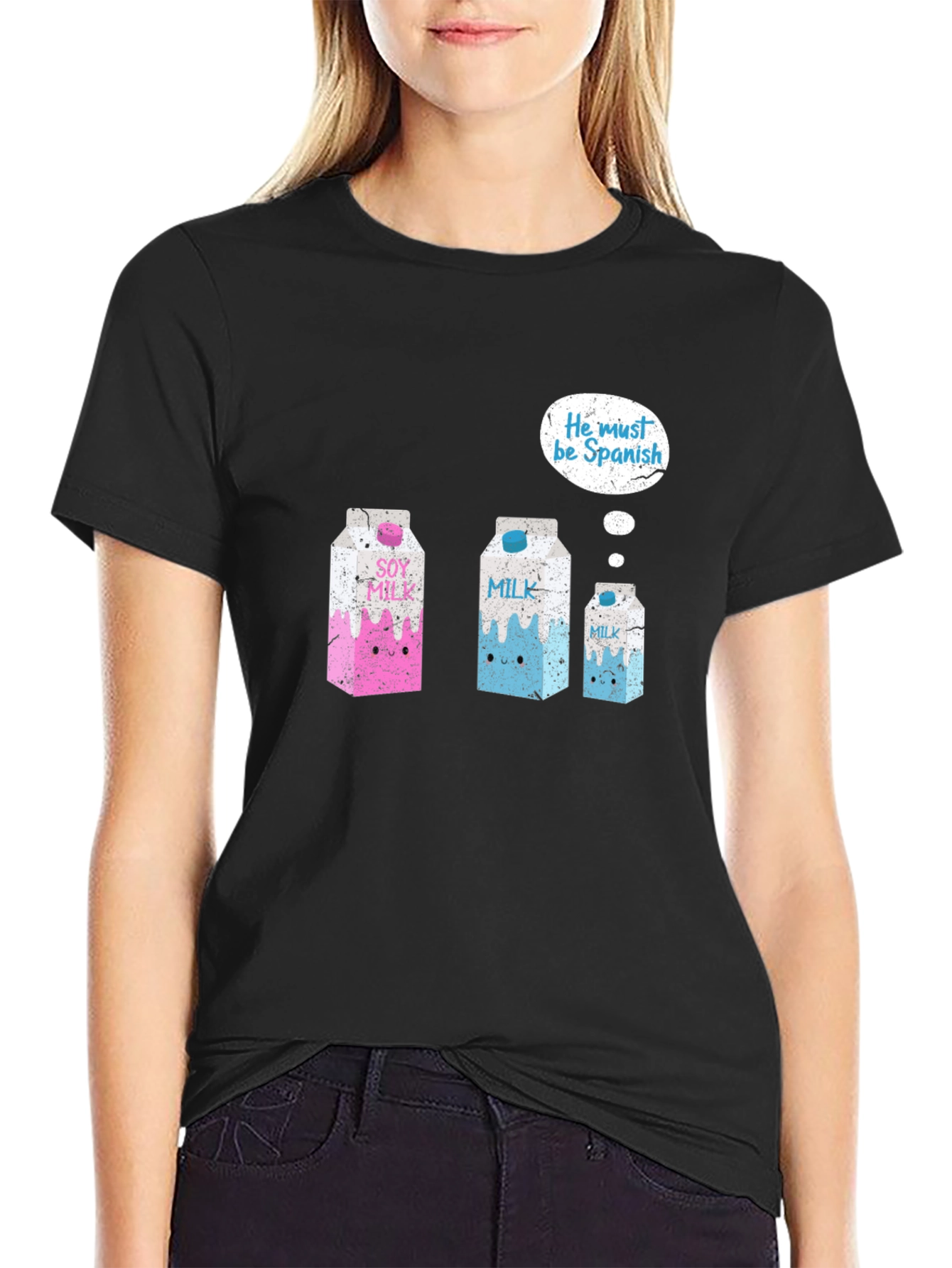 Black He Must Be Spanish T-Shirt - Funny Milk Pun Tee view 2