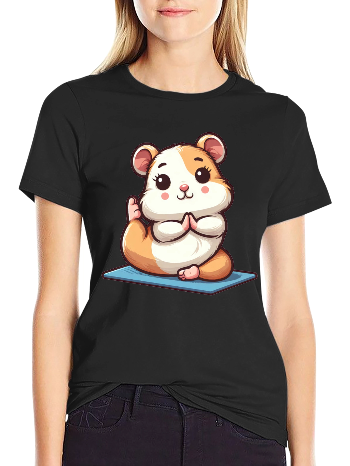 Black Yoga Hamster Tee - Meditating Rodent T-Shirt view 2