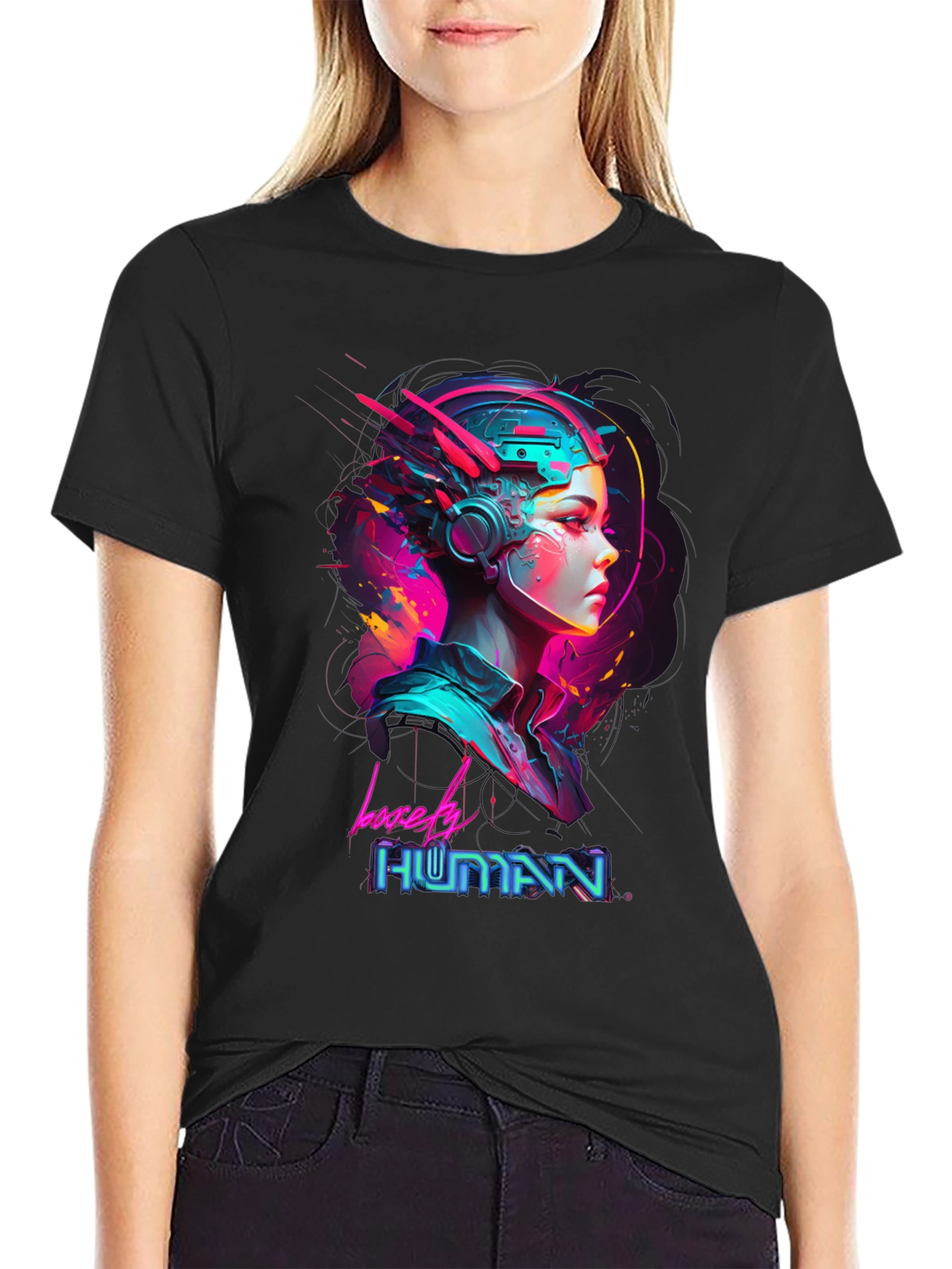Black Lovely Human Cyberpunk Style Black T-Shirt view 2