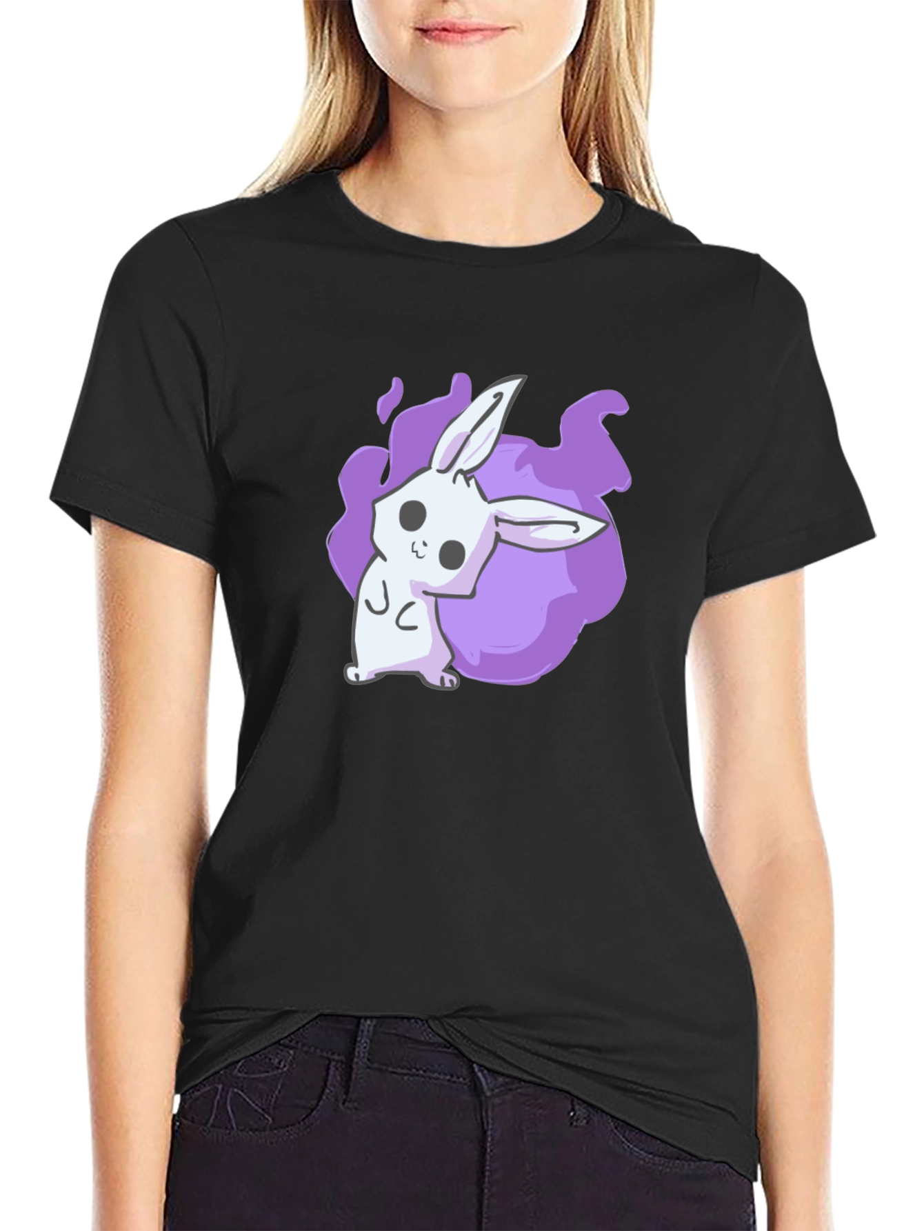 Black Cute Anime Bunny Graphic Black T-Shirt view 2