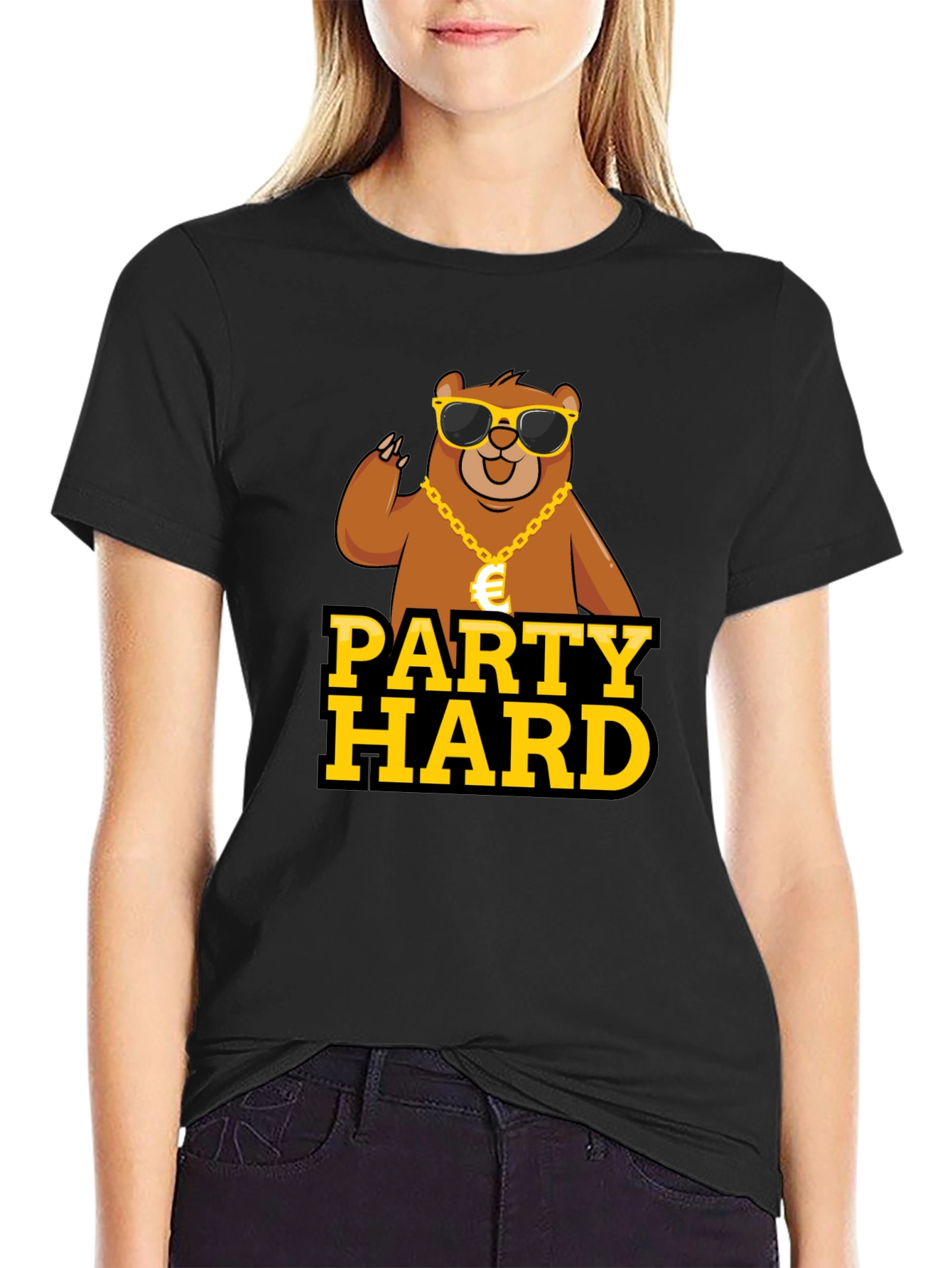 Black Party Hard Bear Graphic Tee - Black Cotton T-Shirt view 2