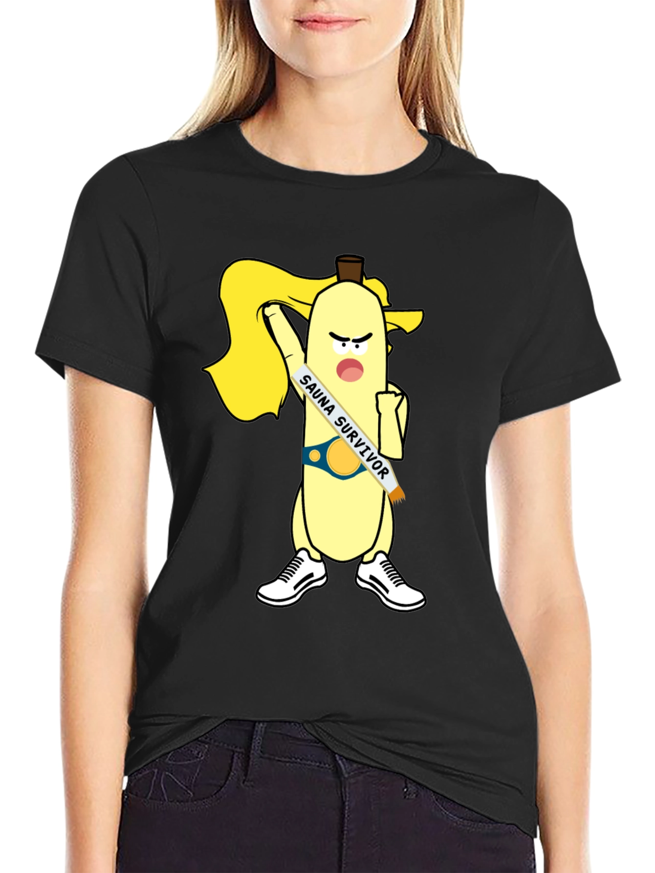 Black Sauna Survivor Banana Cartoon Tee view 2