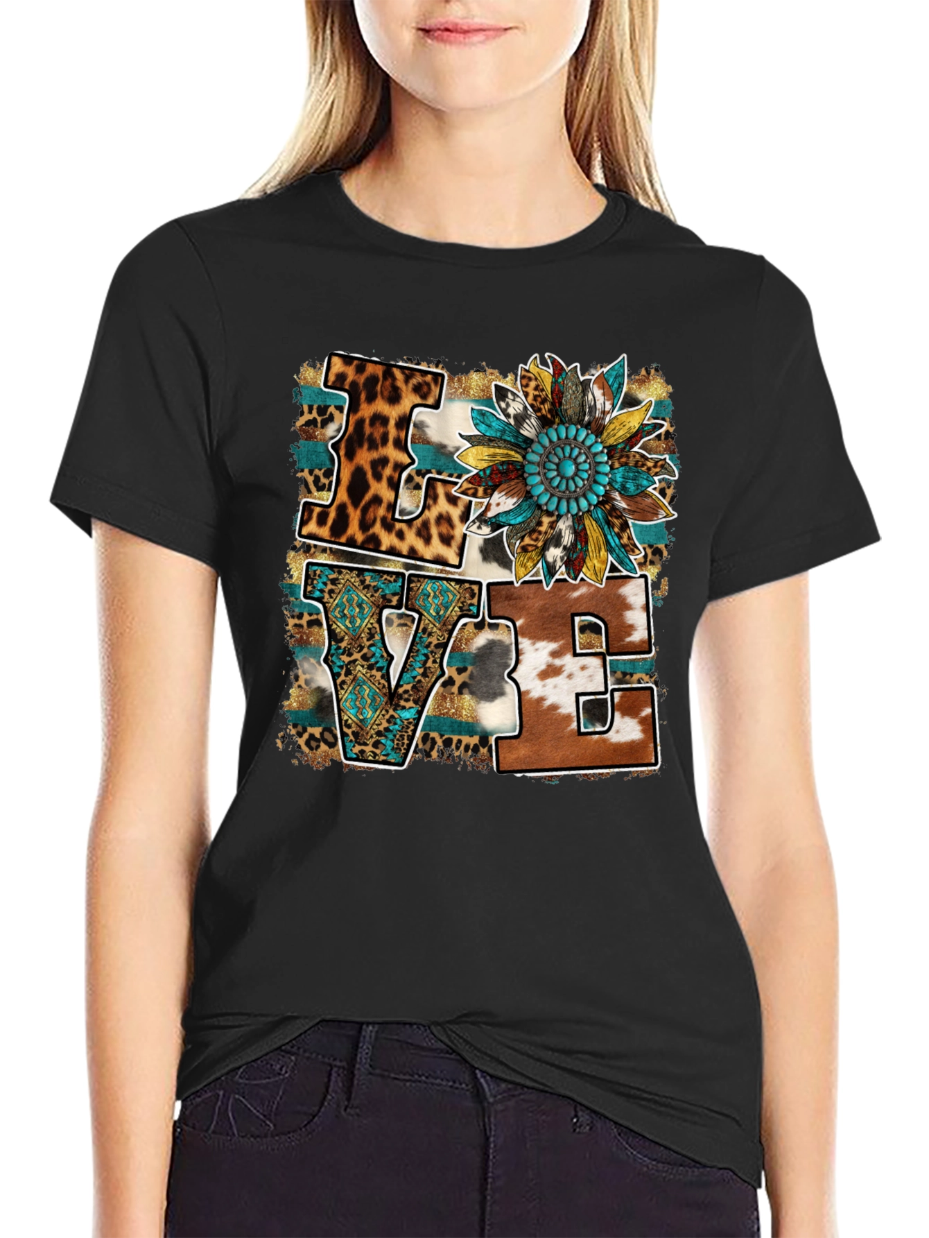 Black Western LOVE Graphic Tee - Leopard, Cowhide, Turquoise view 2