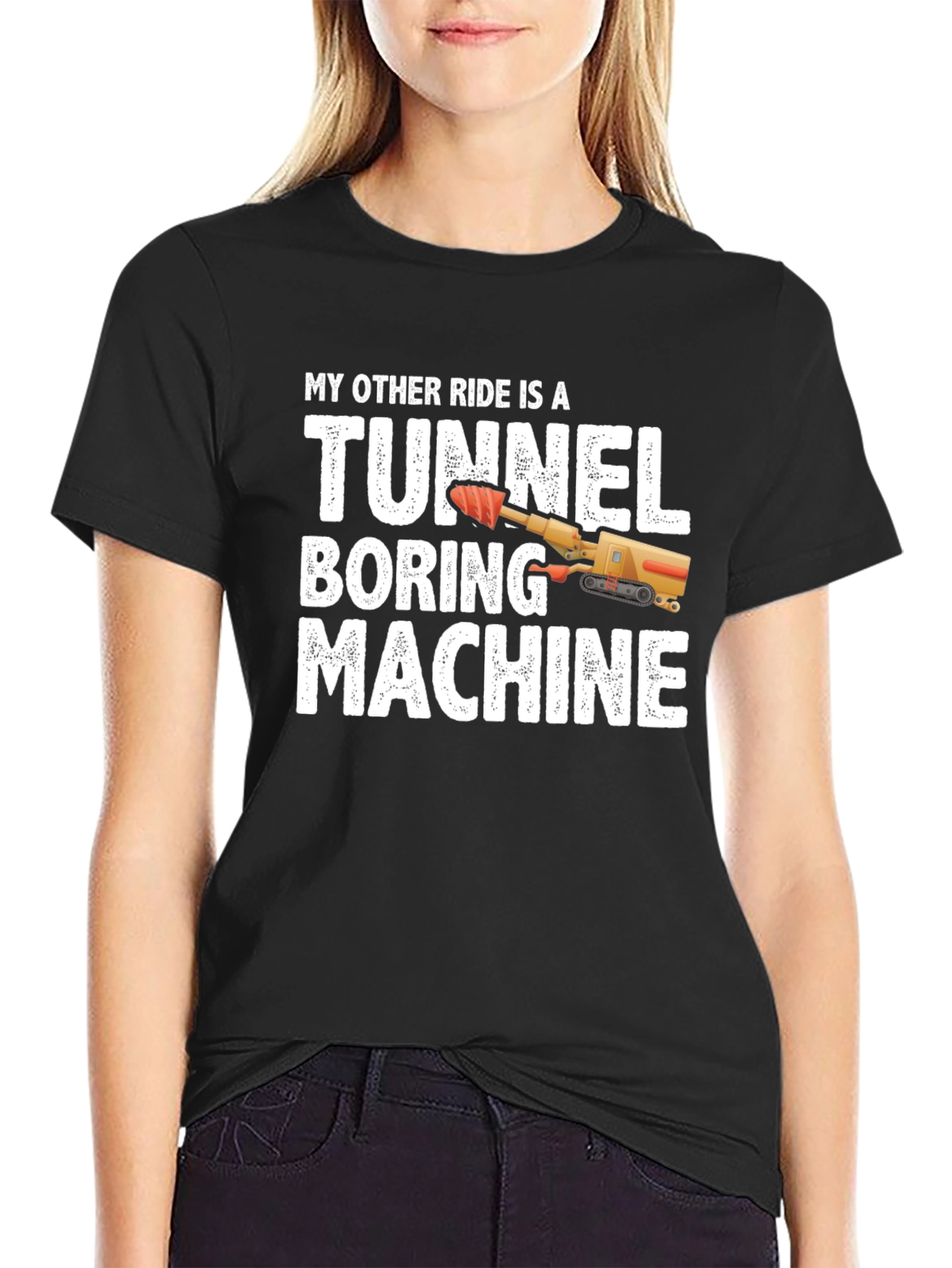 Black Tunnel Boring Machine T-Shirt - Funny Construction Tee view 2