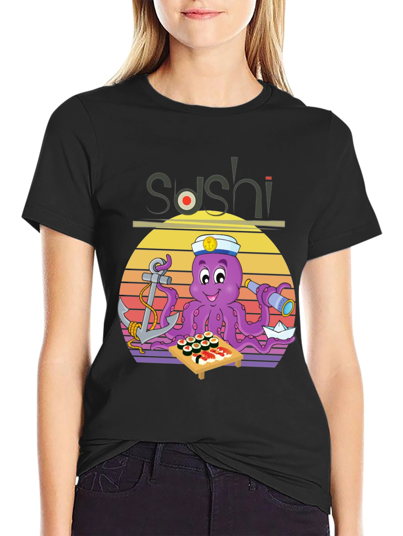 Black Sushi Octopus Graphic T-Shirt - Fun Nautical Design view 2