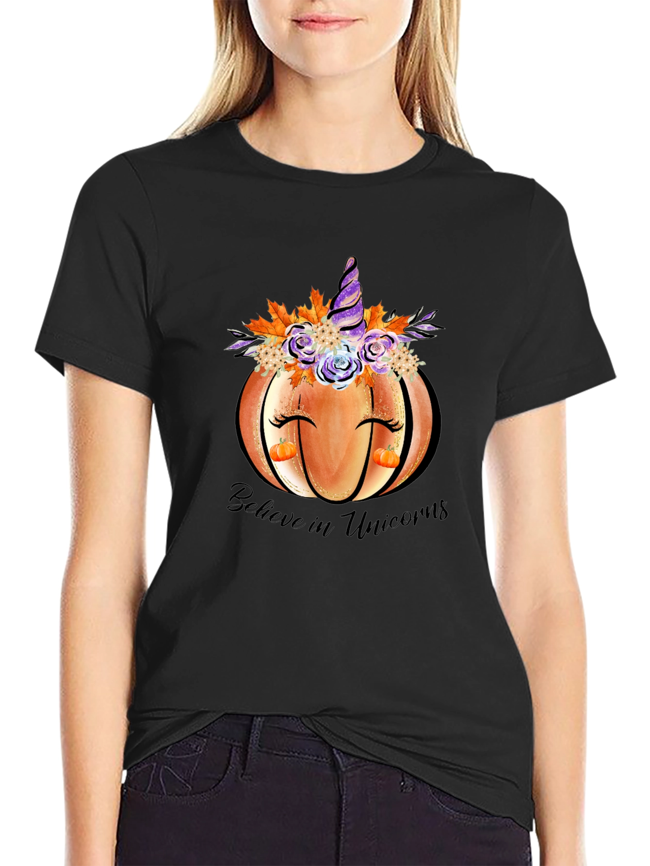 Black Pumpkin Unicorn Graphic T-Shirt Fall Tee view 2