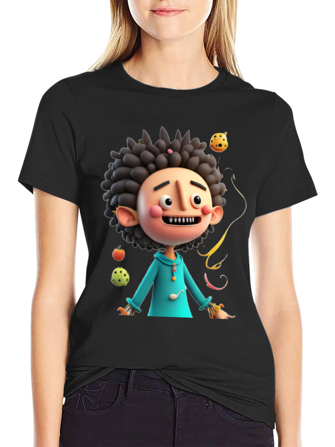 Black Fun Cartoon Character Black T-Shirt view 2