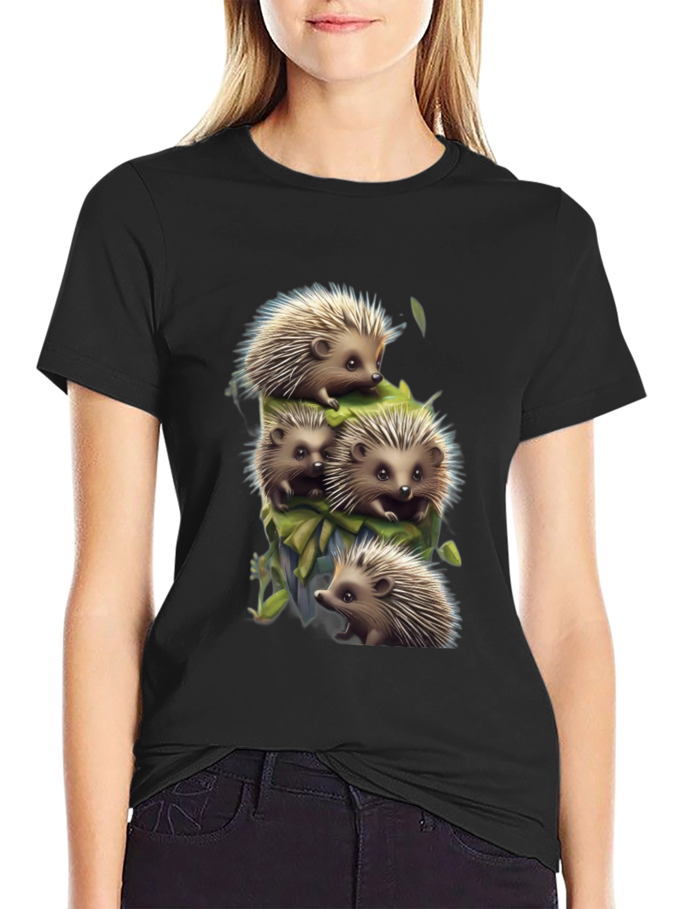 Black Cute Hedgehog Stack Graphic Tee - Black view 2
