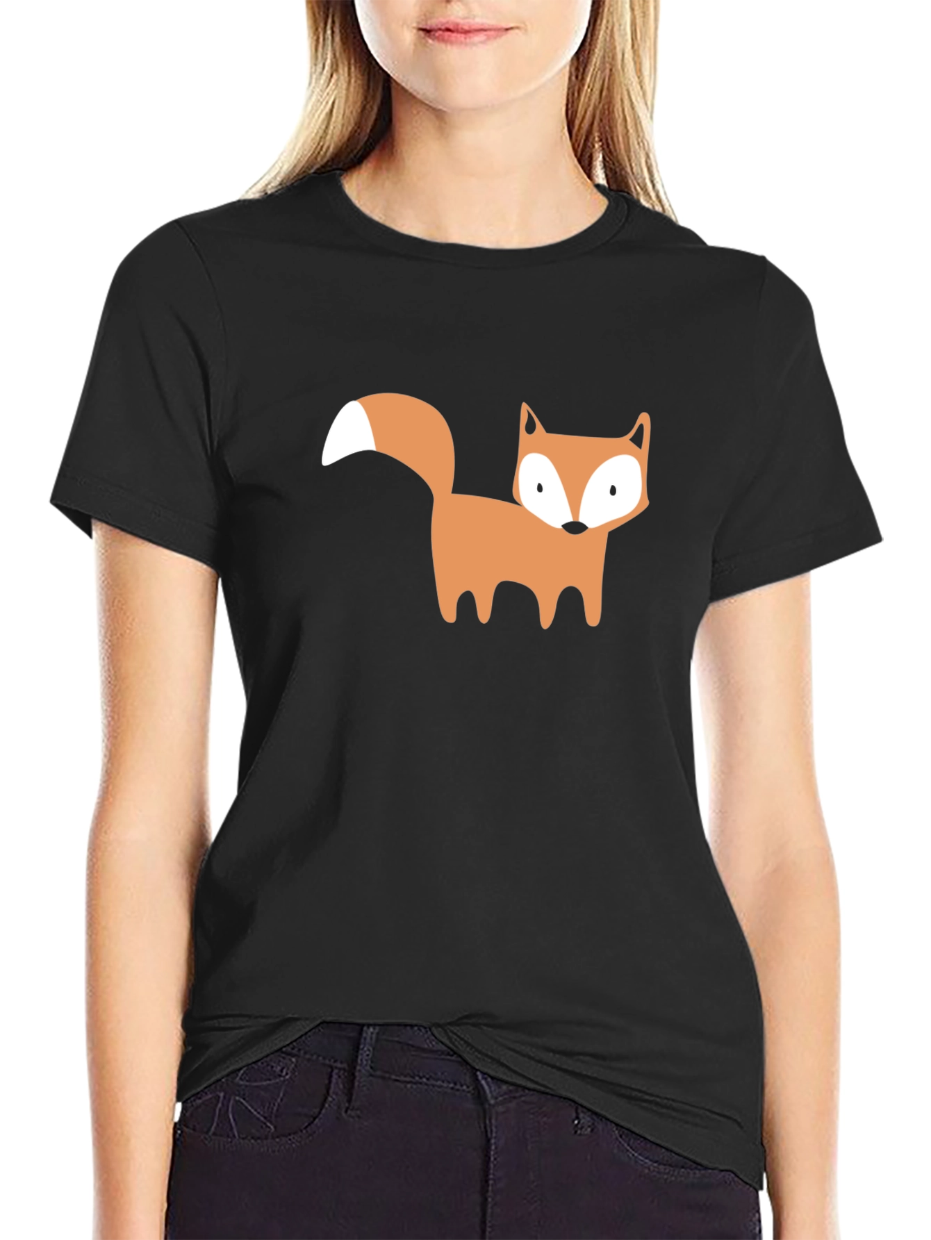 Black Cute Fox Graphic Black T-Shirt view 2