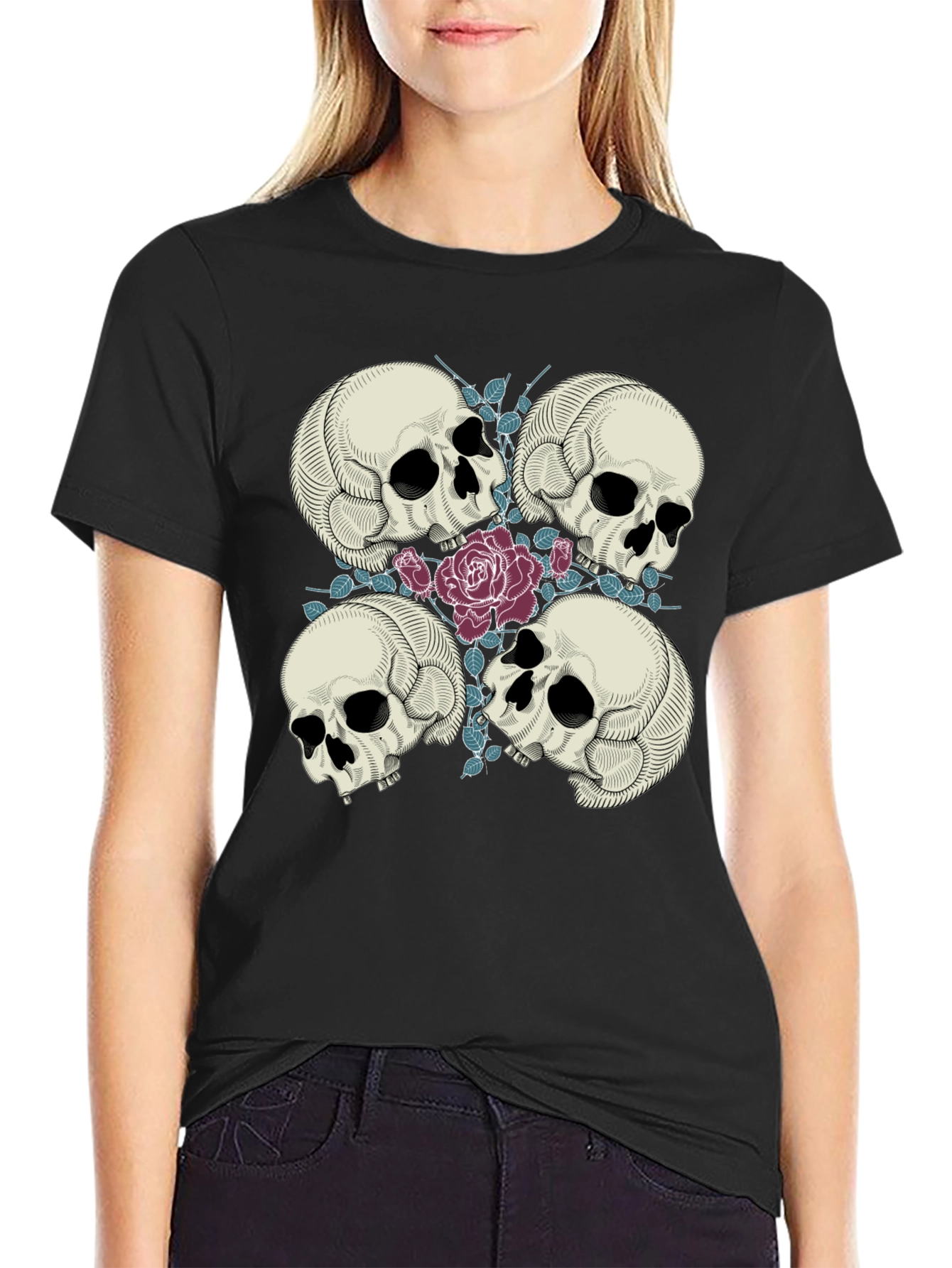 Skull & Roses Graphic Tee - Black Cotton Comfort - 2