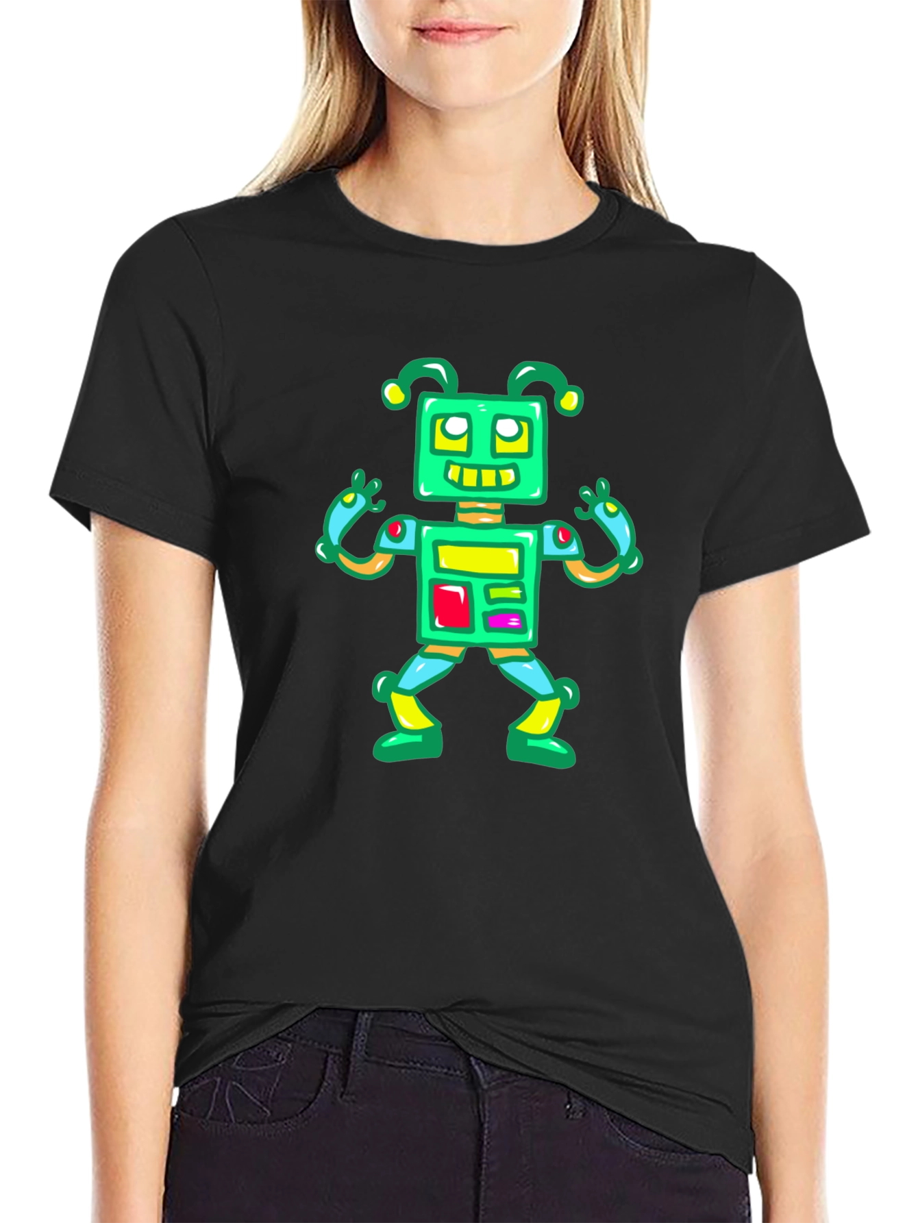 Black Fun Robot Graphic Tee - Black Cotton Casual Shirt view 2