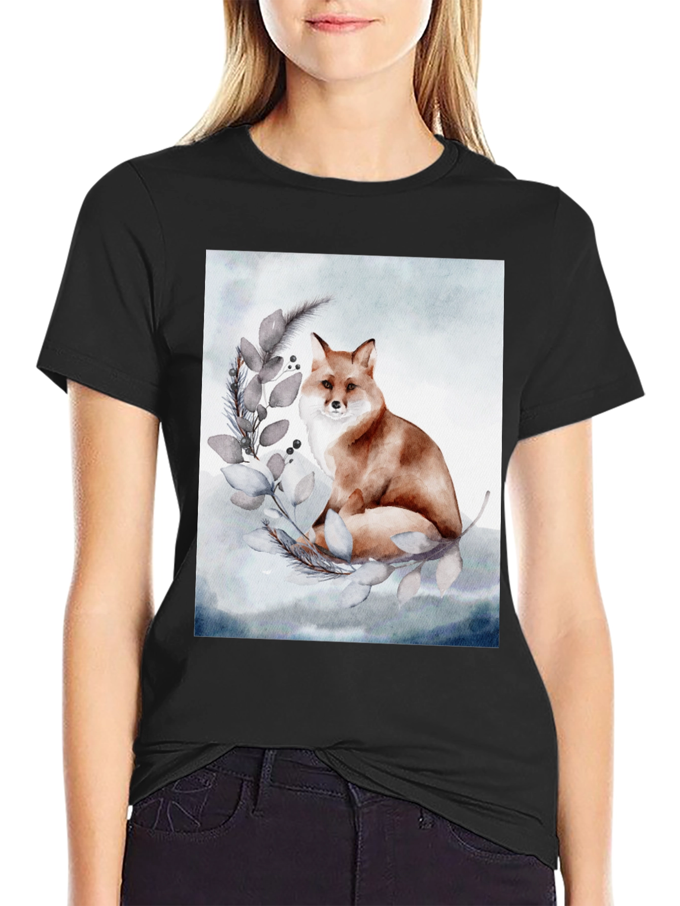Black Watercolor Fox T-Shirt view 2