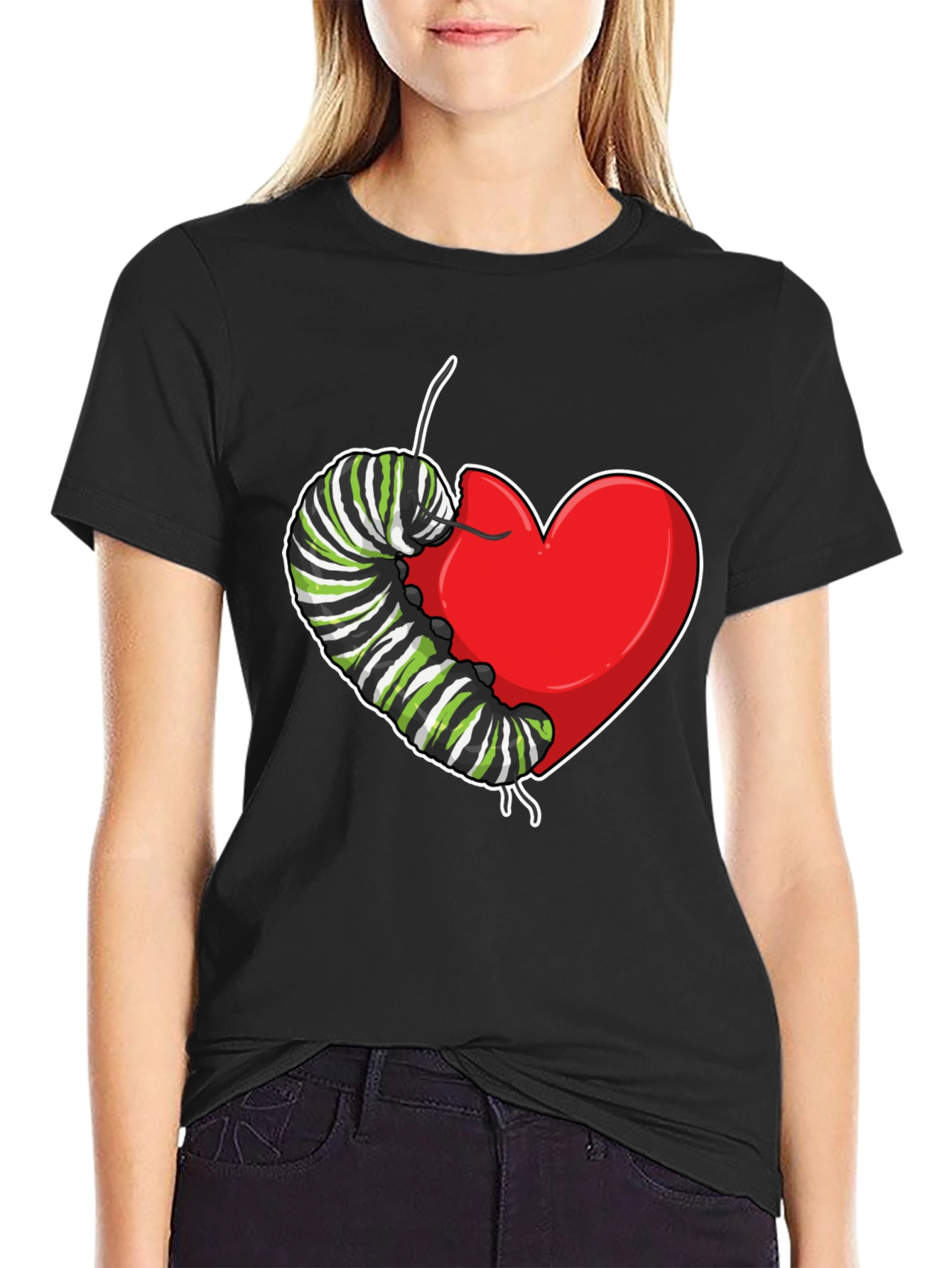 Black Caterpillar Heart Graphic T-Shirt - Soft Cotton view 2