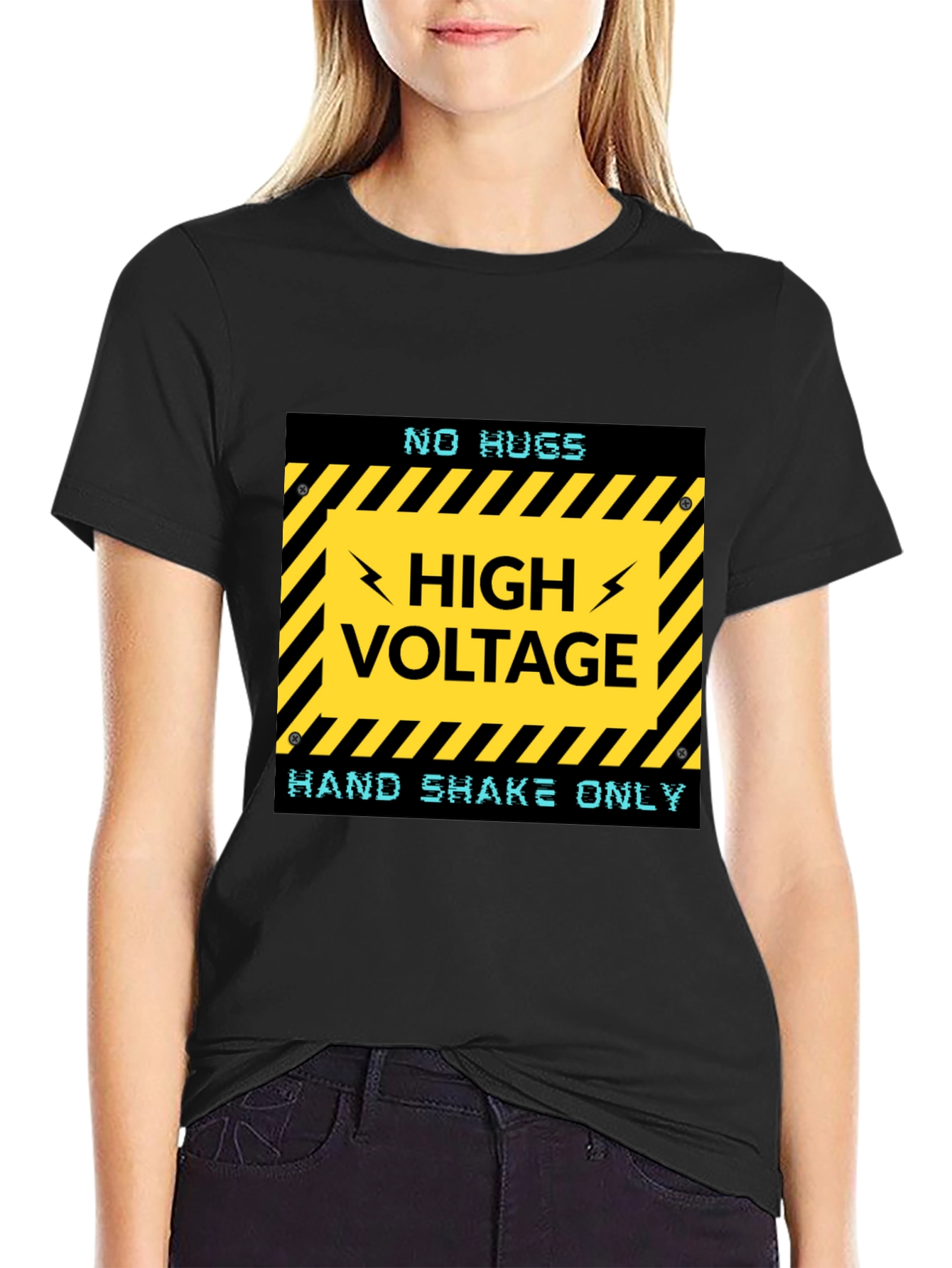 Black High Voltage Humor Tee - No Hugs, Handshakes Only! view 2