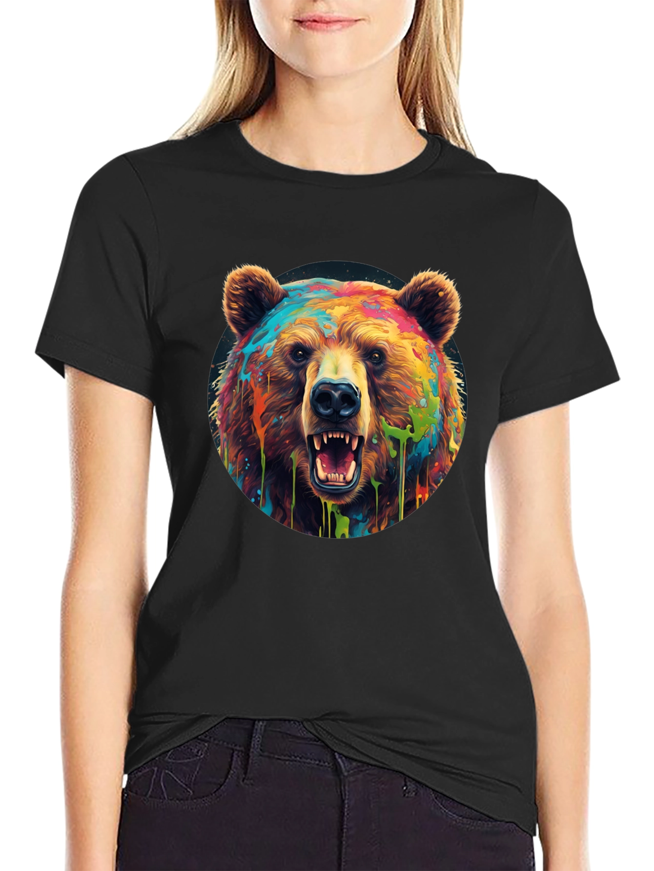 Black Colorful Bear Graphic T-Shirt - Men's Black Tee view 2