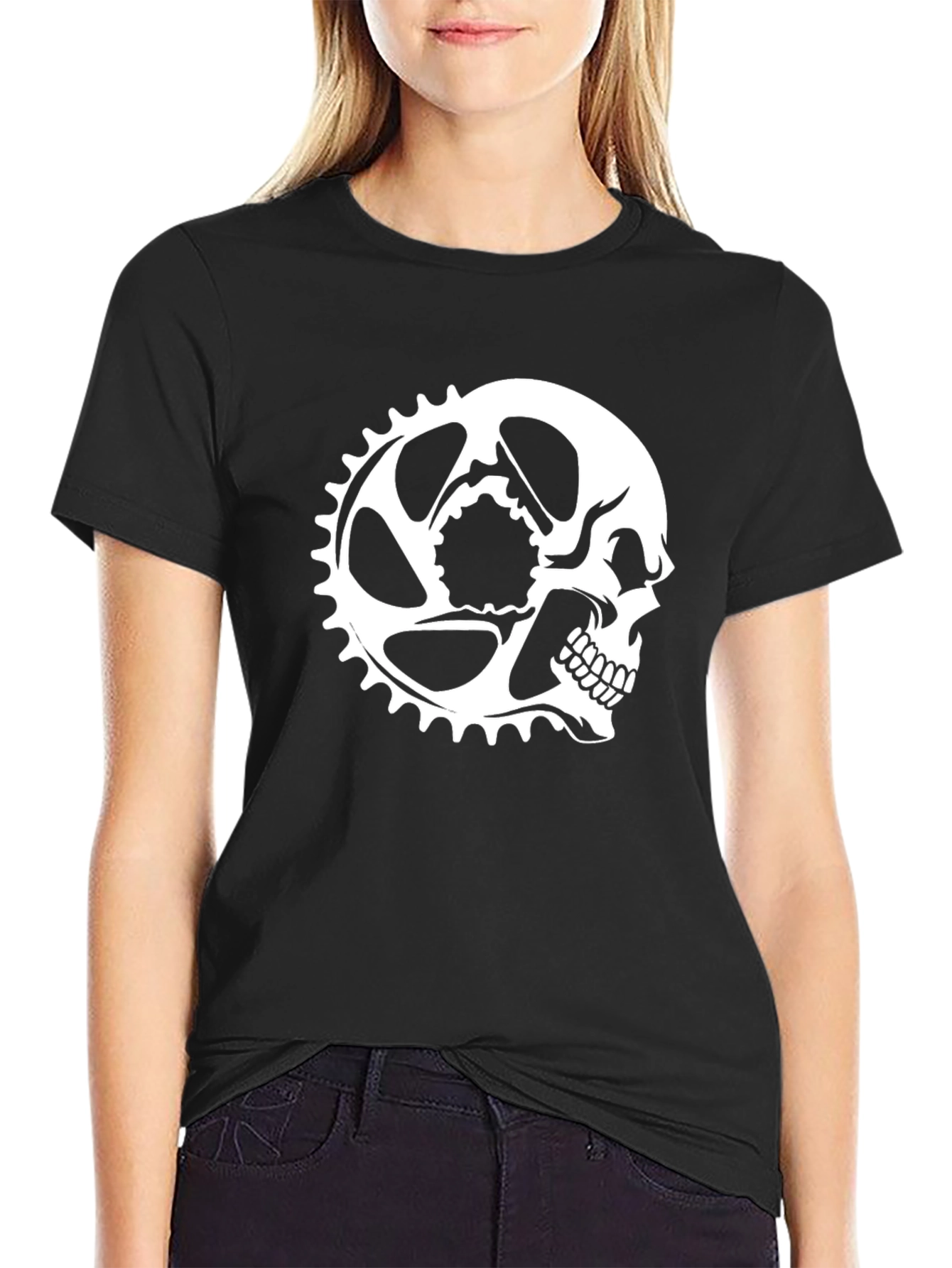 Black Skull Chainring Graphic Tee - Black Cotton Casual Shirt view 2